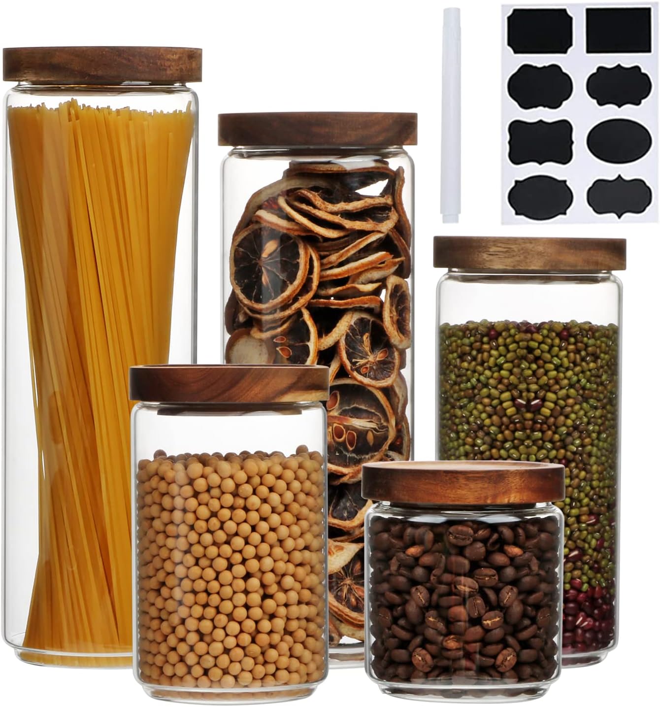 5 Piece Borosilicate Glass Storage Containers | Canisters, Jars | Storage, Tea, Sugar, Coffee, Candy, Cookie, Rice, Spice | Glass, Wooden Lids