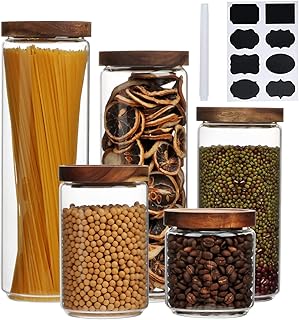 5 Piece Borosilicate Glass Storage Containers | Canisters, Jars | Storage, Tea, Sugar, Coffee, Candy, Cookie, Rice, Spice | Glass, Wooden Lids