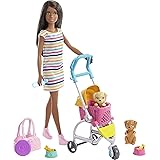 Barbie Dogwalking Doll & Accessories, Stroll & Play Pups Playset with Transforming Stroller, 2 Pets & Handbag, Brunette Doll