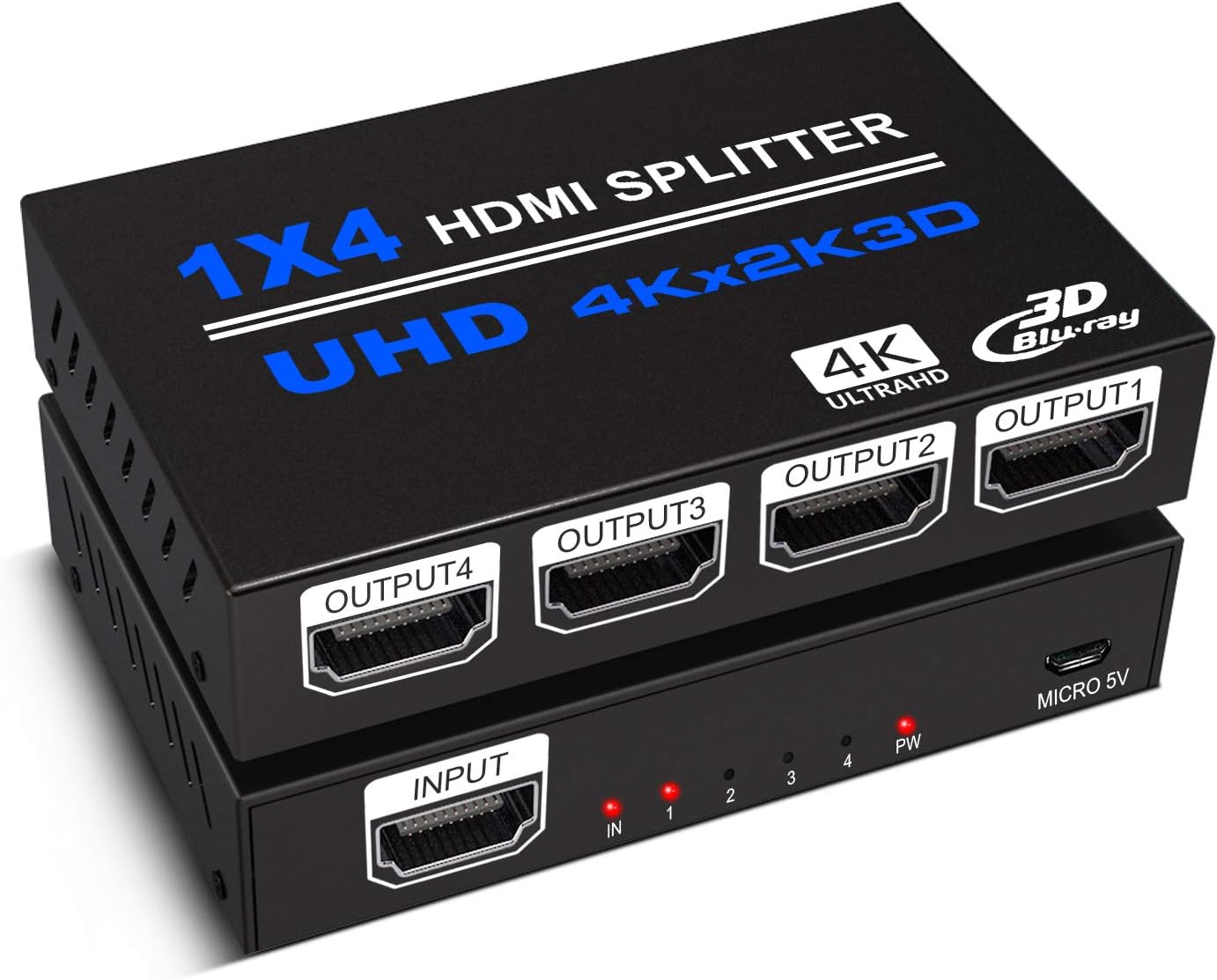 HDMI Splitter 1 in 4 Out, 4K HDMI Splitter V1.4b Powered Audio Video Distributor Duplicate/Mirror Screen, 1x4 Switch for TV Support 4kx2k 30Hz 3D for Xbox, PS5, Roku Blu-Ray Player, HDTV