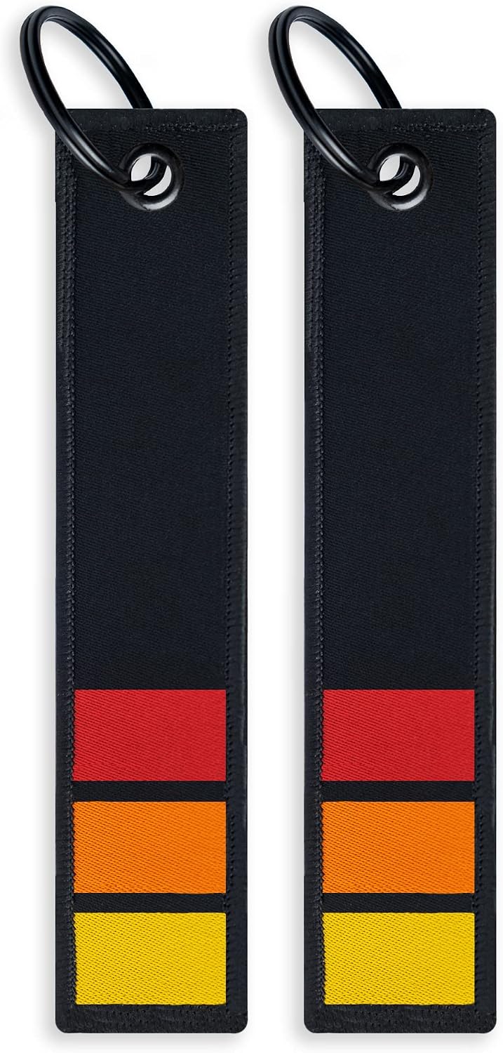 (2-PACK) Classic Heritage Retro Stripe Keychains: Yellow, Orange Red on Black Racing Jet Tags/Key Tags