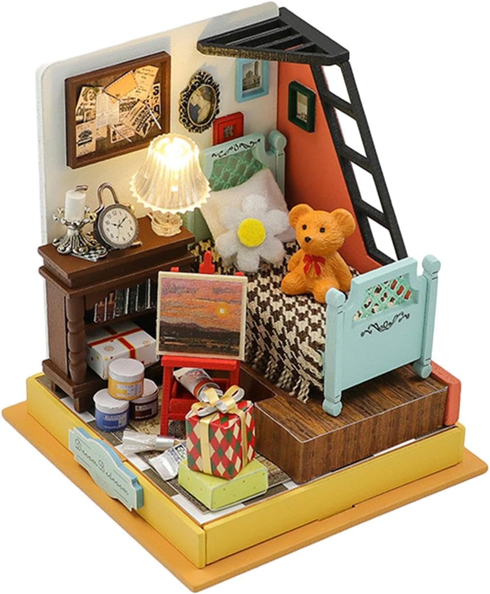 DIY Handcraft Miniature Dollhouse 3D Puzzles with Led Lights Desktop Decor Self Assemble Educational Toy Modern Creative Wooden Room Box Crafts, Style B