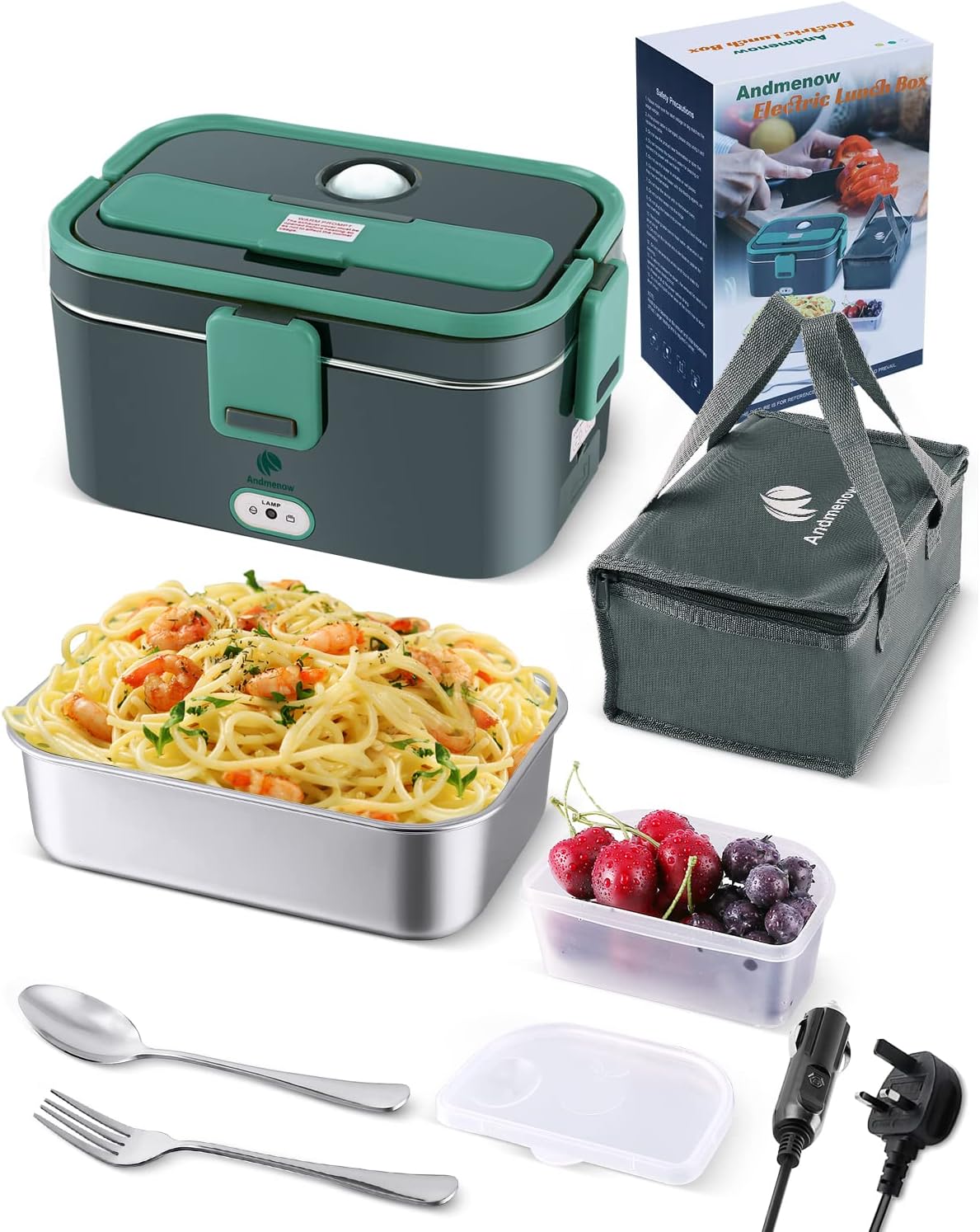 Andmenow 80W Faster Heating Electric Lunch Box Upgraded, 3 in 1 12/24/230V Food Heater, Car Truck Food Warmer, 1.8L Capacity with Carry Bag and SSFork & Spoon (Gray+Green)