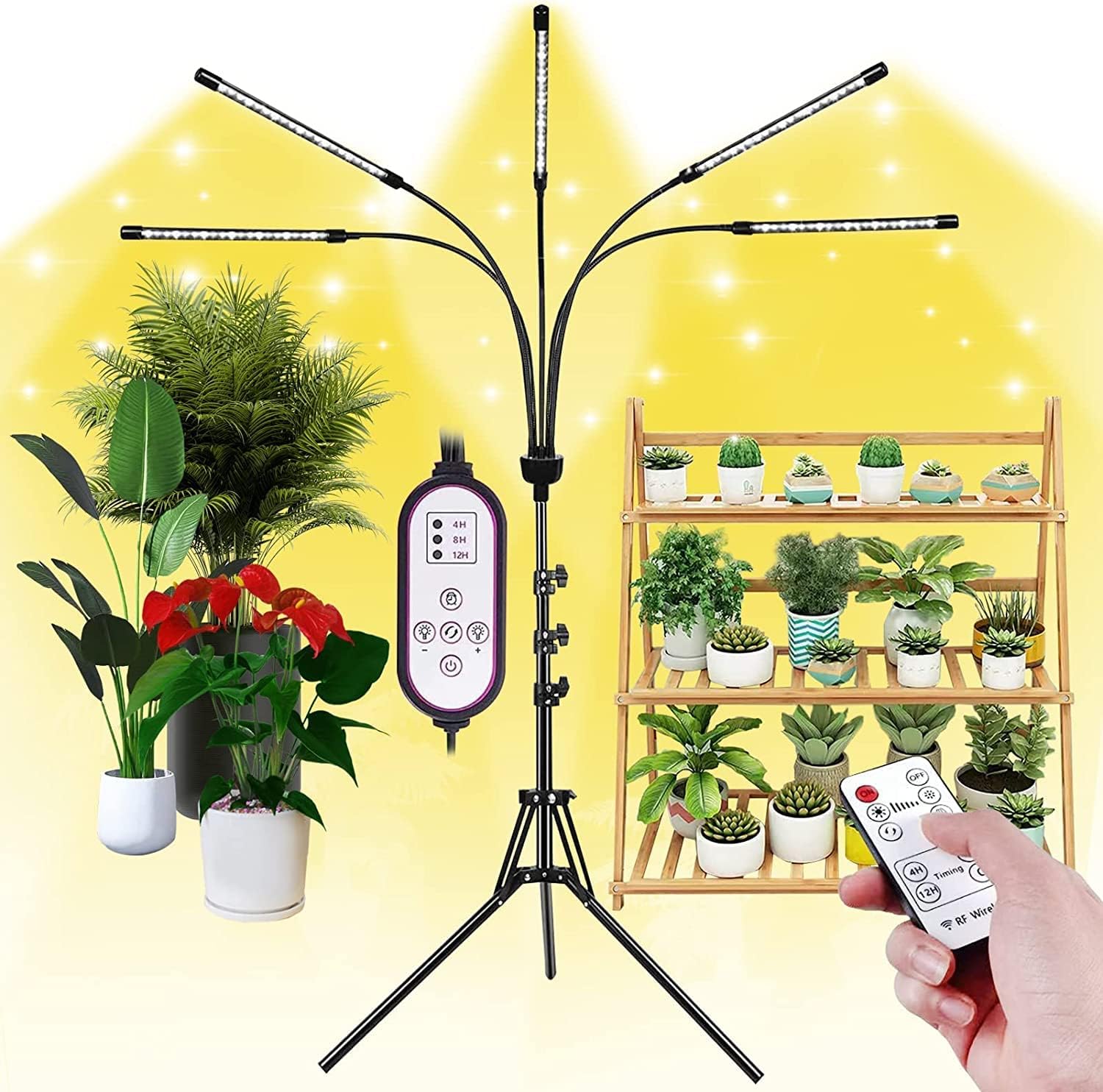 5-Head Adjustable LED Lights, Full Spectrum Grow Lamp with Timer, Warm White Light for Indoor Plants
