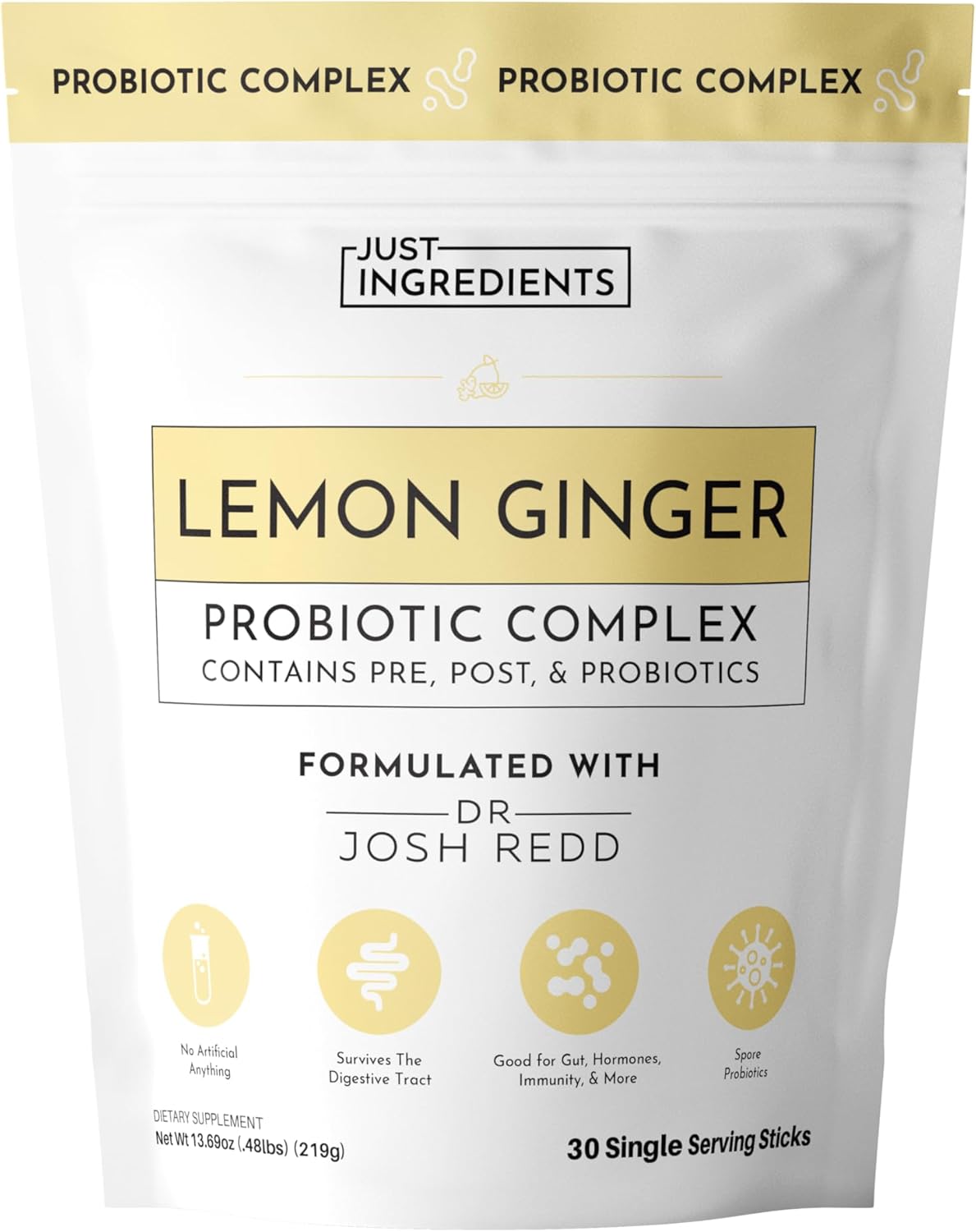 Lemon Ginger 3‑in‑1 Probiotic Complex – 30‑Stick Drink Mix with Prebiotics, Probiotics & Postbiotics – 5 Billion CFU Spore Strains + Lemon & Ginger Extracts – Gut, Immune & Digestive Support