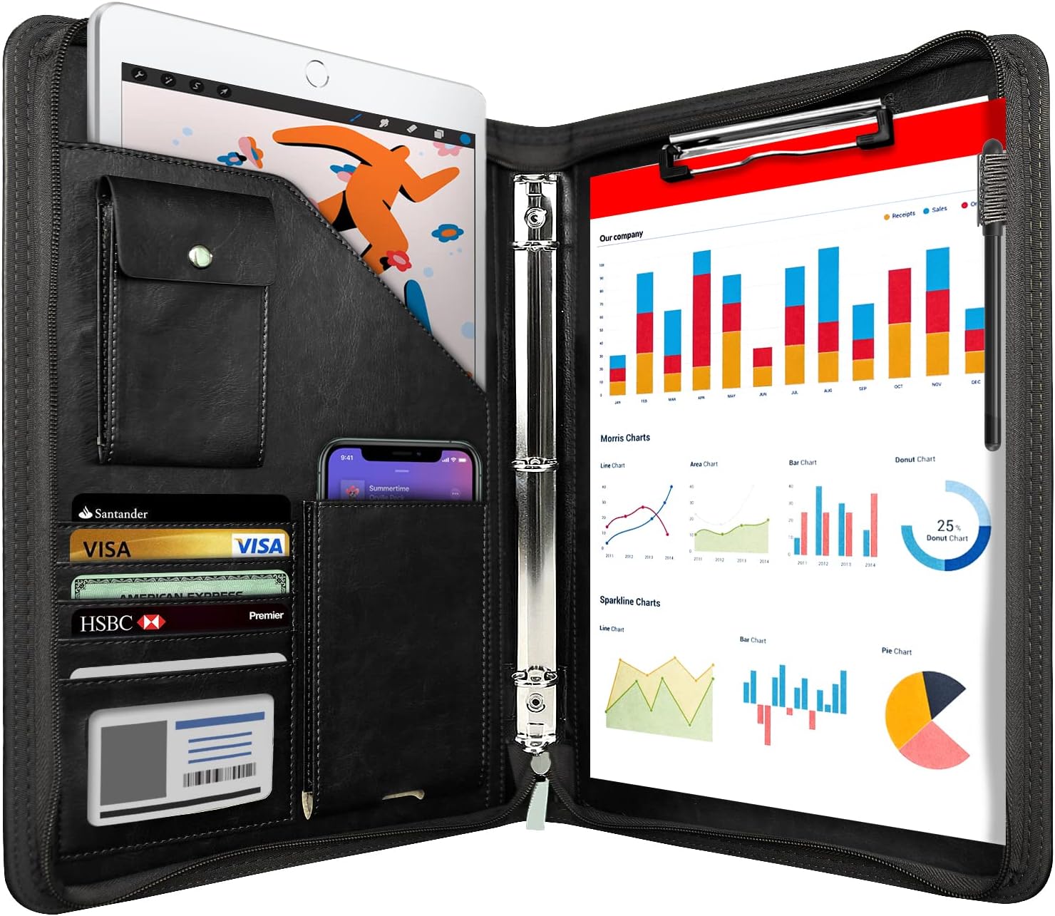 Zippered Portfolio Organizer, WRIYES Leather Padfolio with 3 Ring Binder, Professional Business Binder, Organizer for IPad/Document, Phone & Business Cards, Office Gifts for Men or Women (Black)