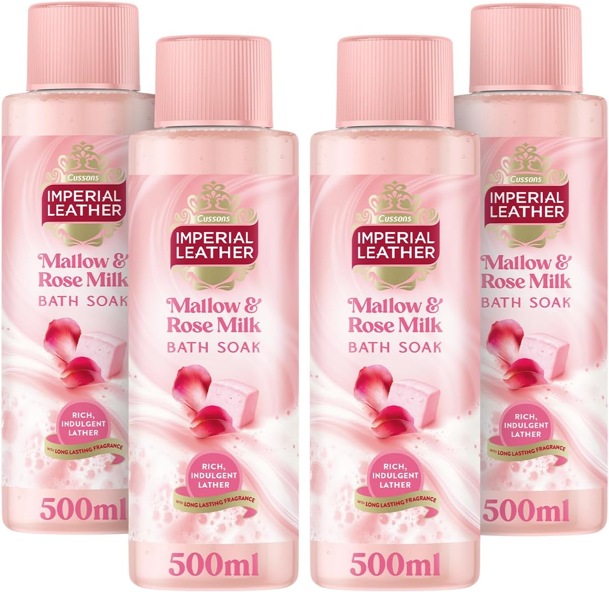 Imperial Leather Pampering Mallow & Rose Milk Bath Soak, Rich Indulgent Lather & Long Lasting Luxury Fragrance, Vegan & Cruelty Free 4 x 500ml