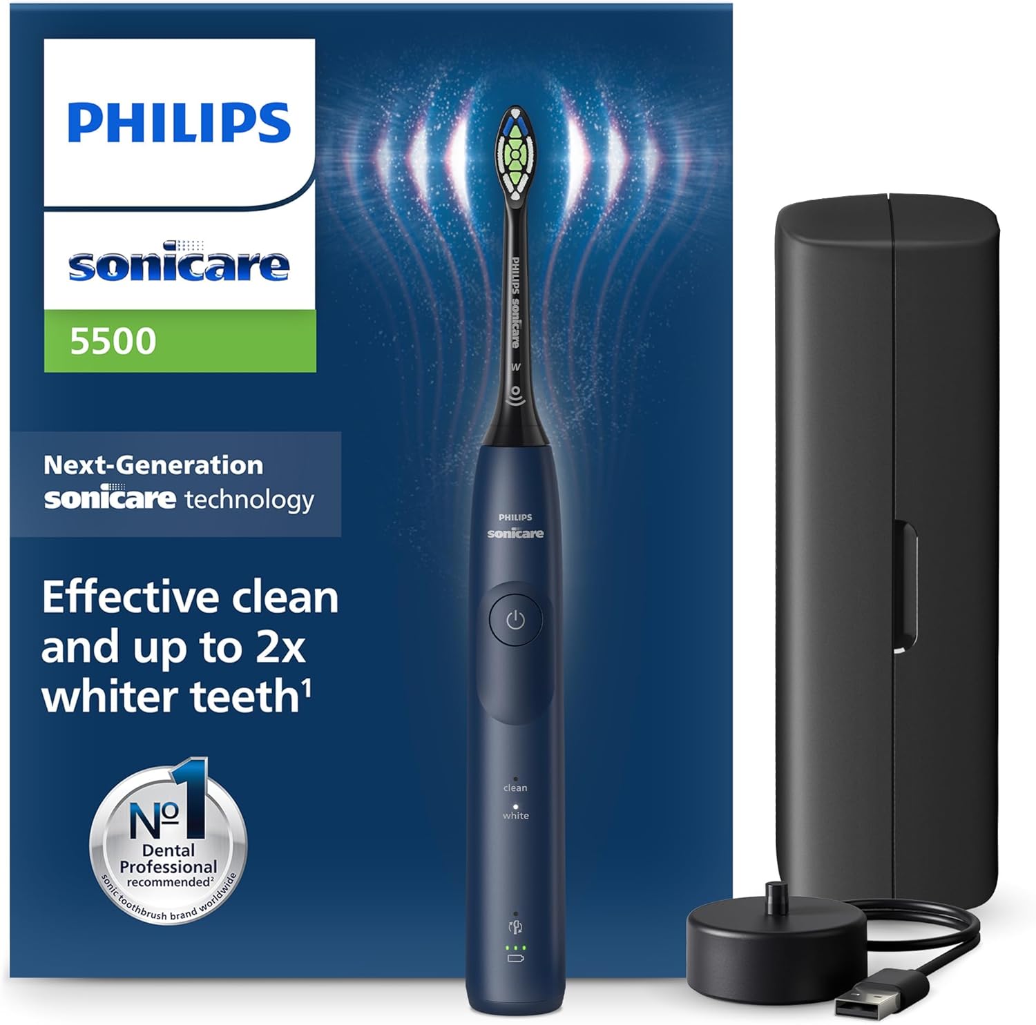Philips Sonicare 5500 Electric Toothbrush, Sonic Toothbrush with 2 Modes, Pressure Alert, EasyStart, SmarTimer and BrushPacer, Navy, Model HX7113/01 [New Technology]