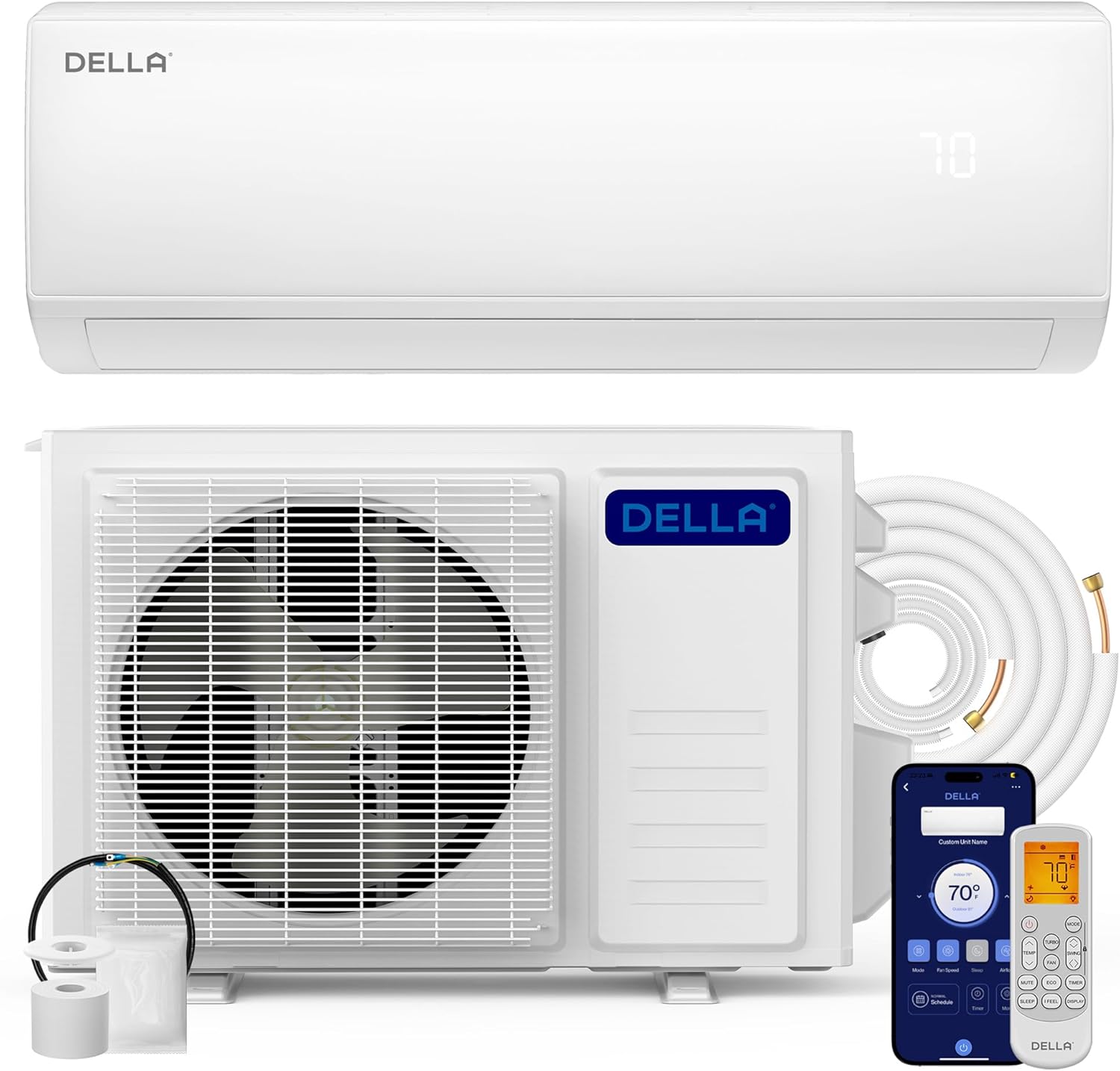 DELLA Econo Series 23000 BTU Mini Split Air Conditioner 17 SEER2, 230V Cools up to 1500 Sq. Ft, Works with Alexa and Wifi, Heater Ductless Inverter System with Heat Pump,16ft Installation Kit