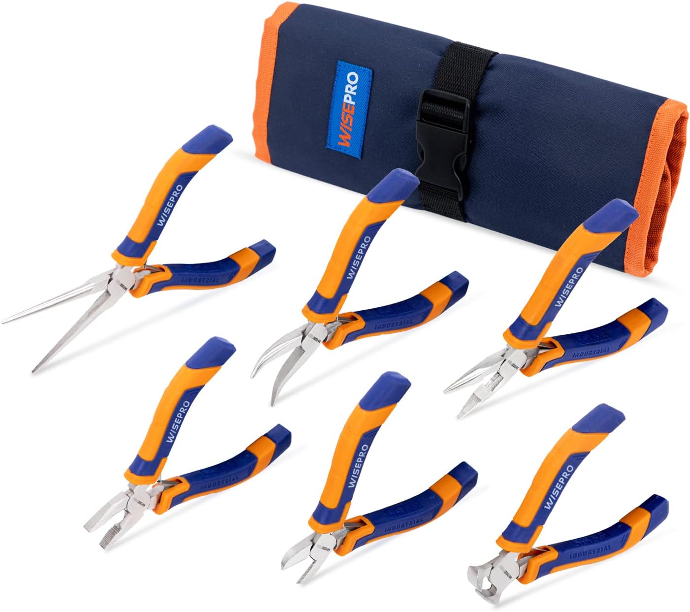 6 Pcs Mini Pliers Set with Pouch,Including Long/Needle/Curved Nose Pliers,Combination/End Cutting/Diagonal Pliers