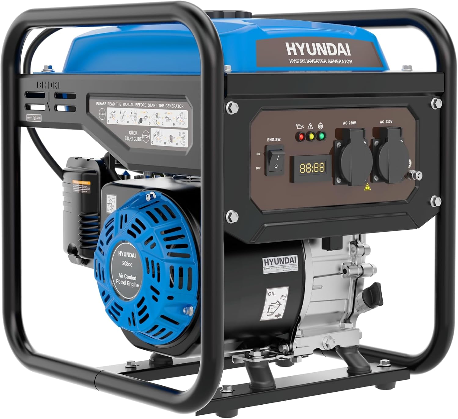 Hyundai 3.3kW / 3300W Petrol Open Frame Inverter Generator, Recoil Start, 3.0kW Continuous, 7.5L Long-Run Tank, Pure Sine Wave