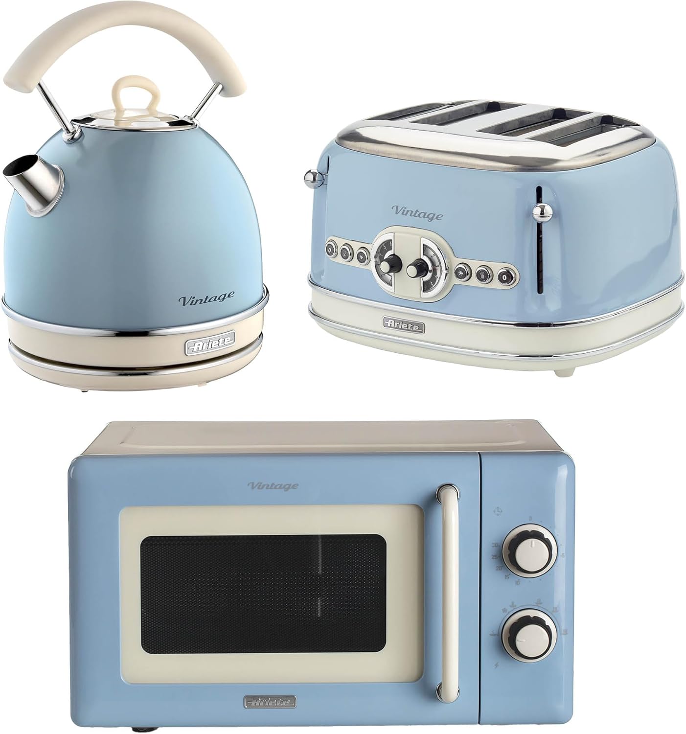 Ariete Vintage Breakfast Set, Retro 4-Slice Toaster with 6 Browning Levels, 2000W Fast-Boil Kettle & 800W Microwave, Blue