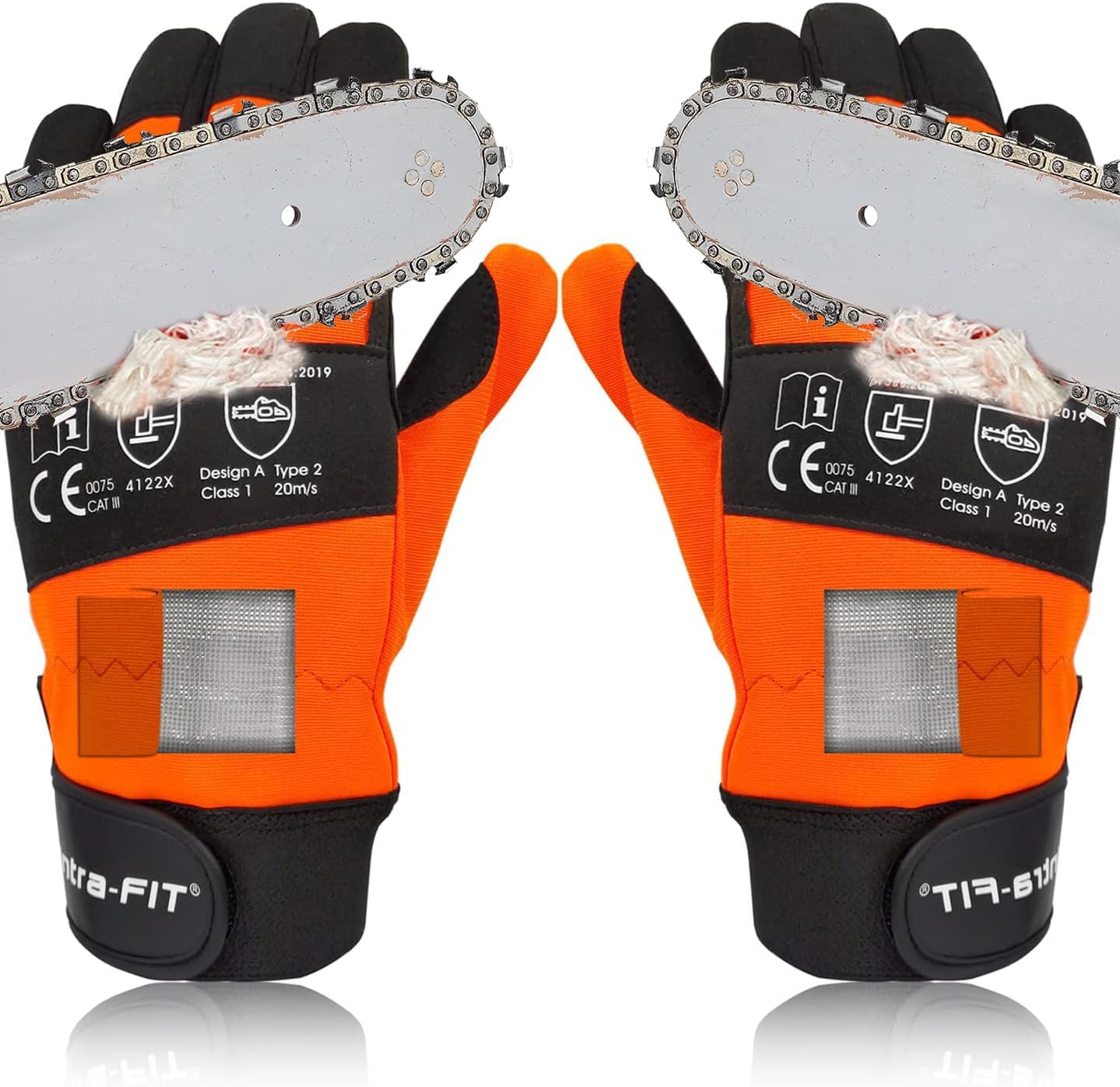 Chainsaw Gloves Saw Protection on Both Hands Back, Cut-resistant Gloves EN ISO 11393-4, CLASS 1, EN 388: 4122X,CAT III, Module B & Module C2