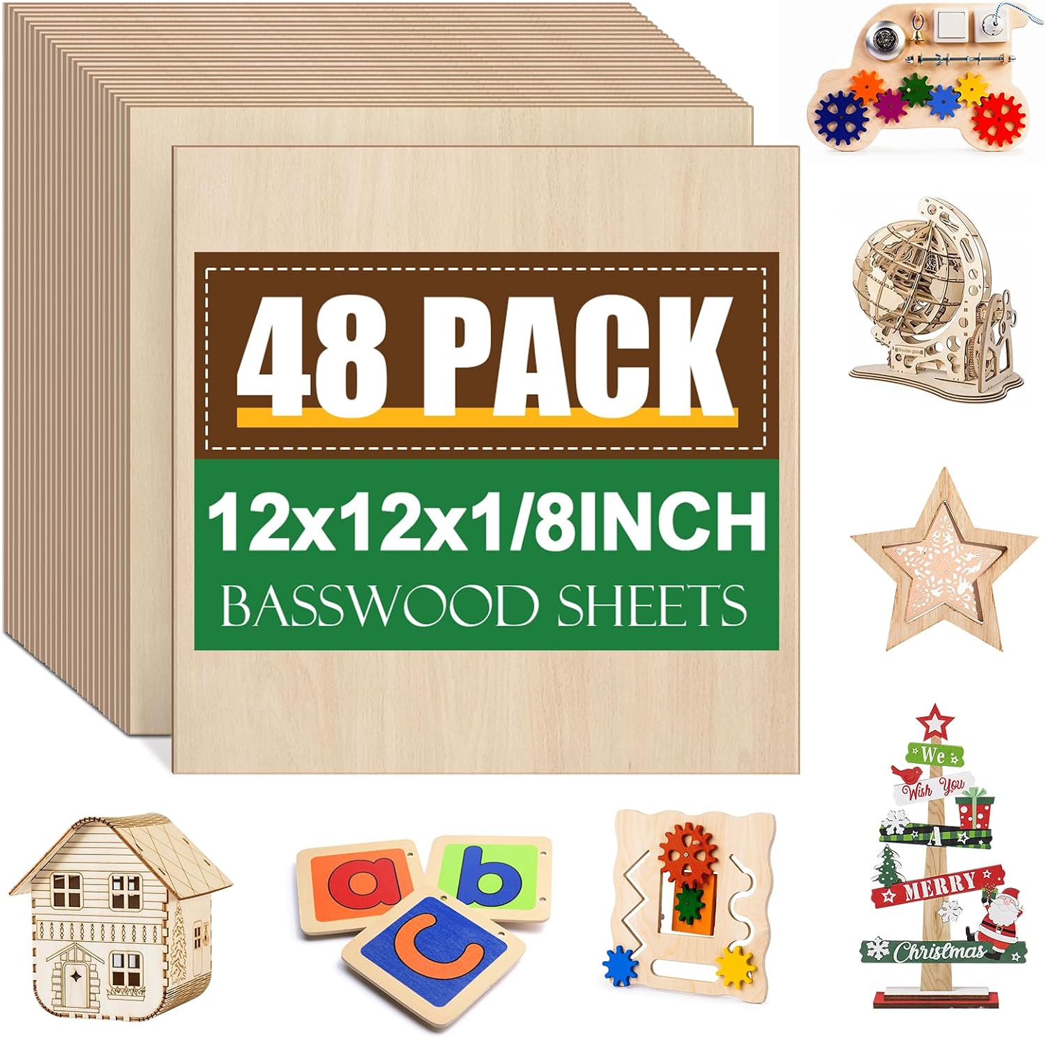 48 Pack Basswood Sheets 1/8x12x12 Inch, Unfinished Wood for Crafts, 3mm Basswood for Laser Cutting & Engraving, Wood Burning, Architectural Models, Plywood Board for Painting.