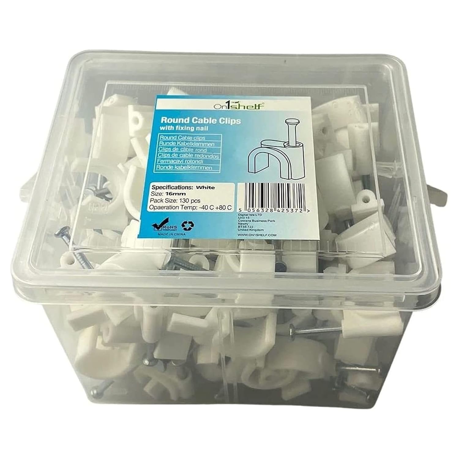 White Round Cable Clips K-Type Trade Box, (16mm / 0.63") - 130 Pieces