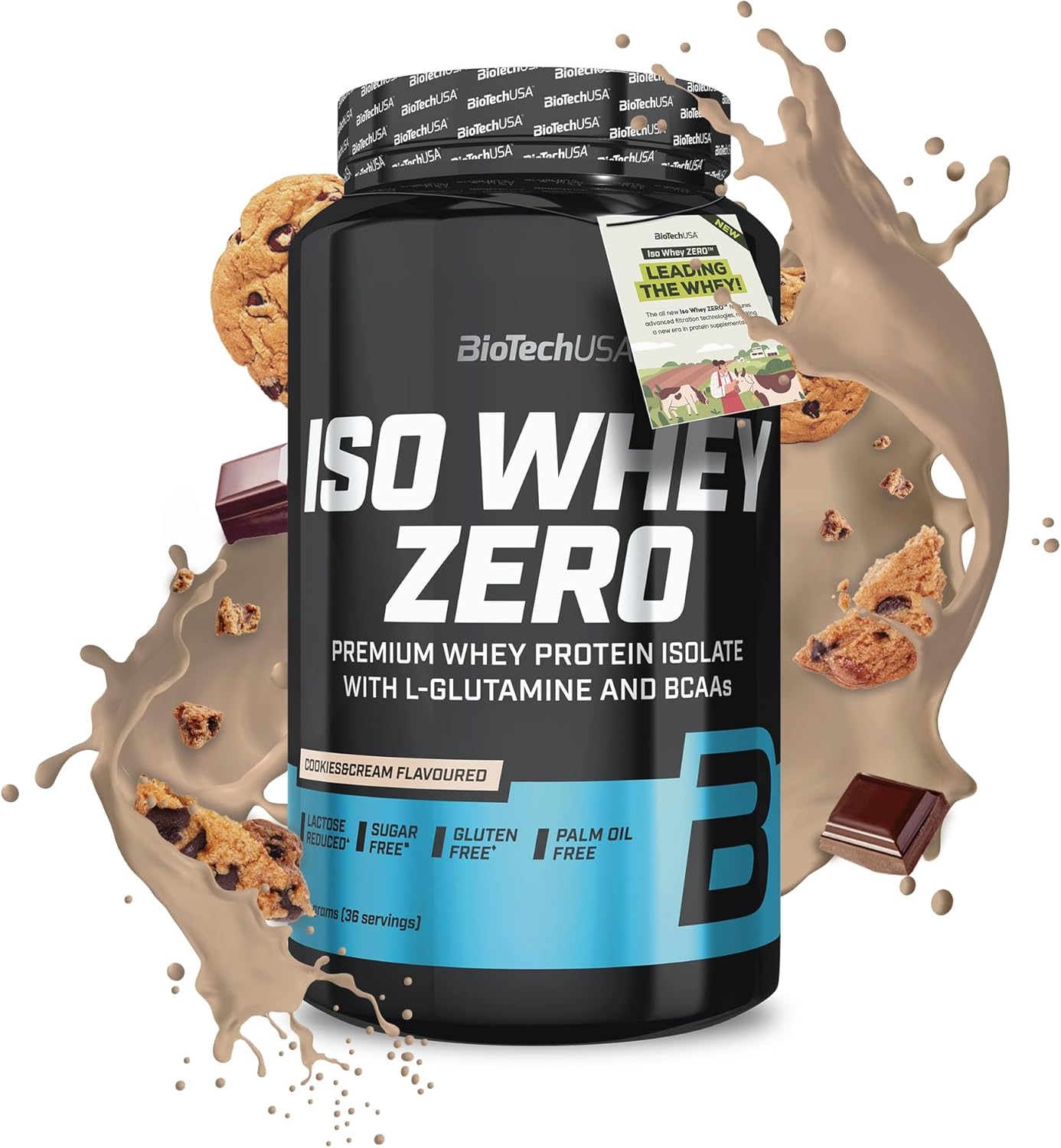 BioTechUSA Iso Whey Zero | Premium Whey Protein Isolate | Grass-Fed | Enzyme-Free | Sugar- and Gluten-Free, 908 g, Cookies & Cream