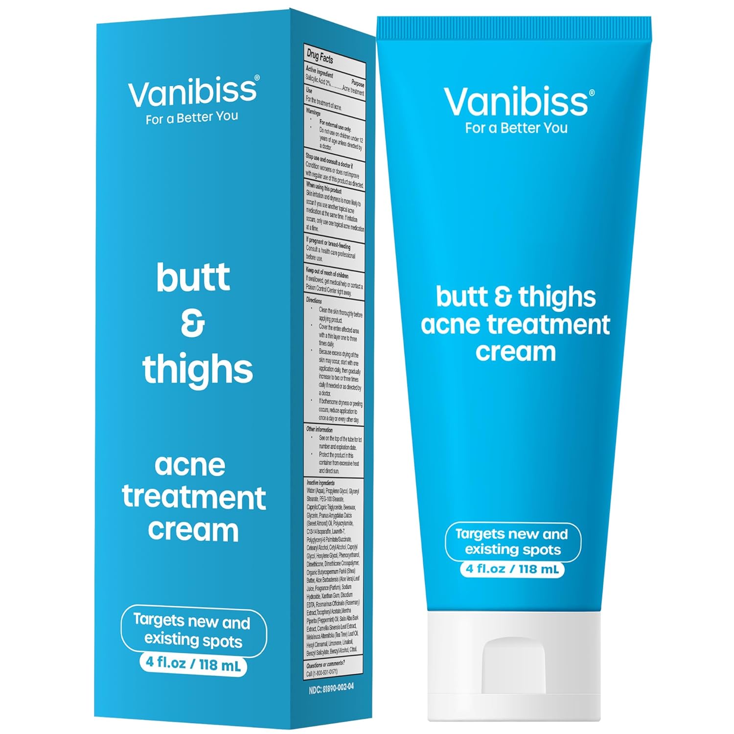 Vanibiss Butt & Thighs Acne Treatment Cream - Reduce Bum Acne, Pimples & Zits - Clearing Acne Lotion for Buttocks - 2% Salicylic Acid for Acne Prone Skin (4oz)