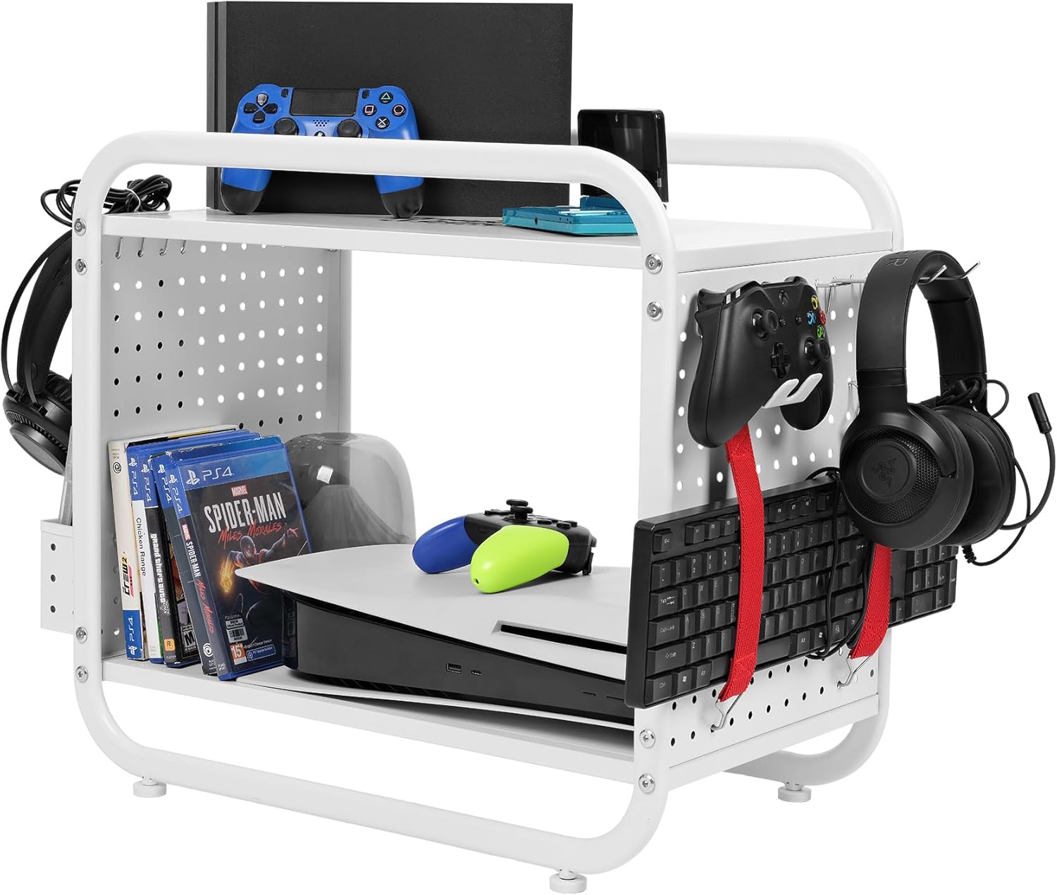 Mythinglogic Game Storage Rack, Gaming Organizer for Consoles, Controllers, Headphones – Compatible with PS5, Xbox, Switch Accessories – Metal Console Stand, Perfect Holiday Present, White