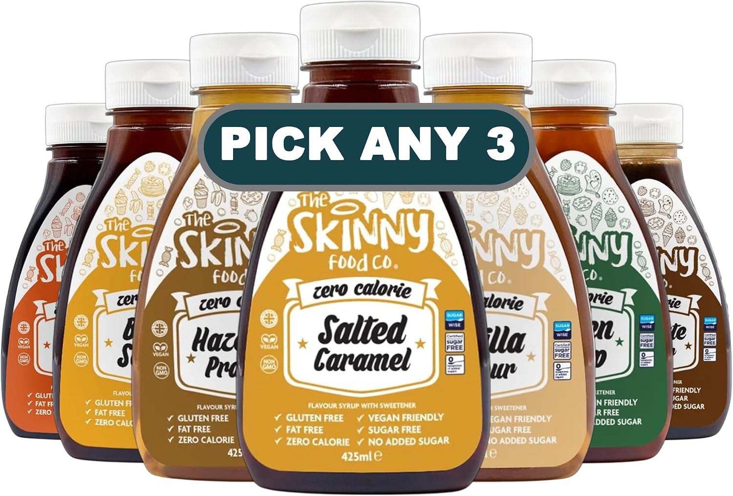 Skinny Food Co Zero Calorie Syrup 425ml | Pick Any 3 Flavours | Sugar Free, Fat Free, Vegan & Gluten Free | Ideal for Pancakes, Desserts, Porridge, Yoghurt & Shakes | 3 Pack