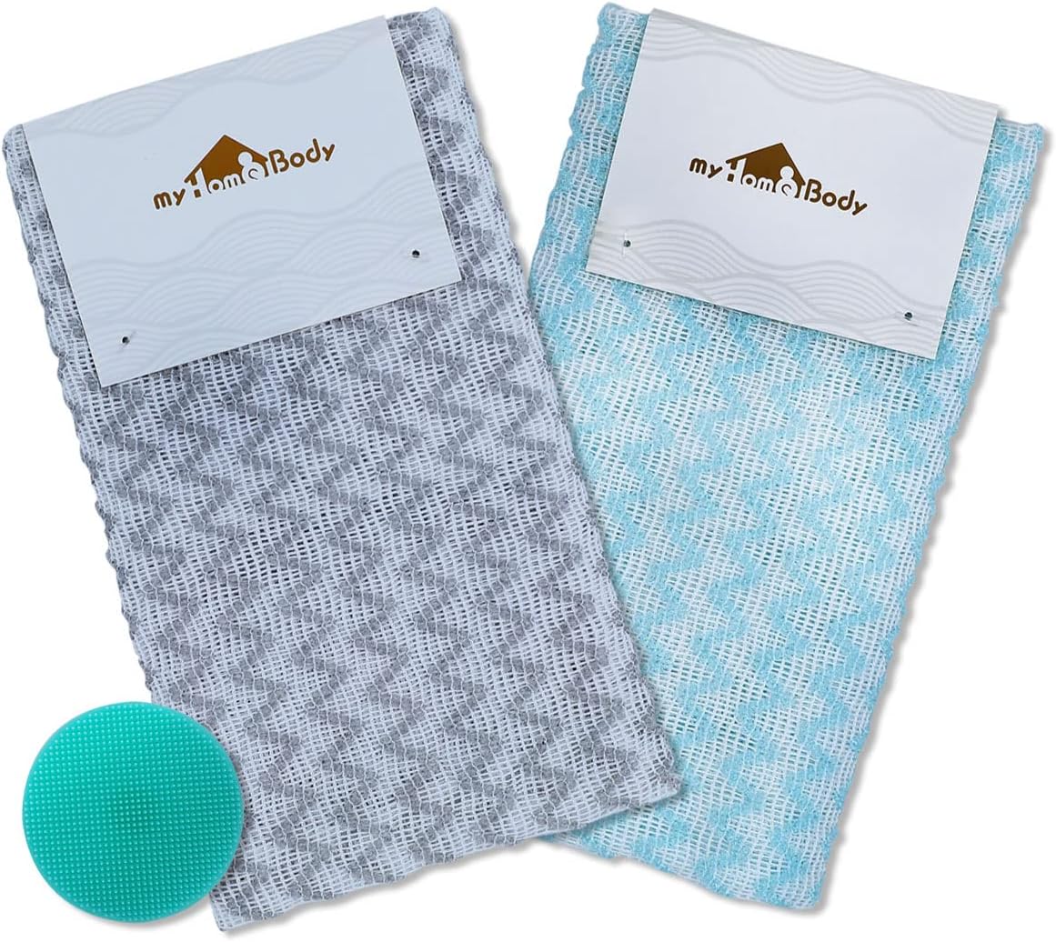 myHomeBody Extra Long Exfoliating Washcloth, Exfoliating Body Scrubber, Shower Towel, Long Bath Cloth, 3D Texture Silver Grey and Arctic Blue Chevron, Set of 2 with Silicone Facial Brush