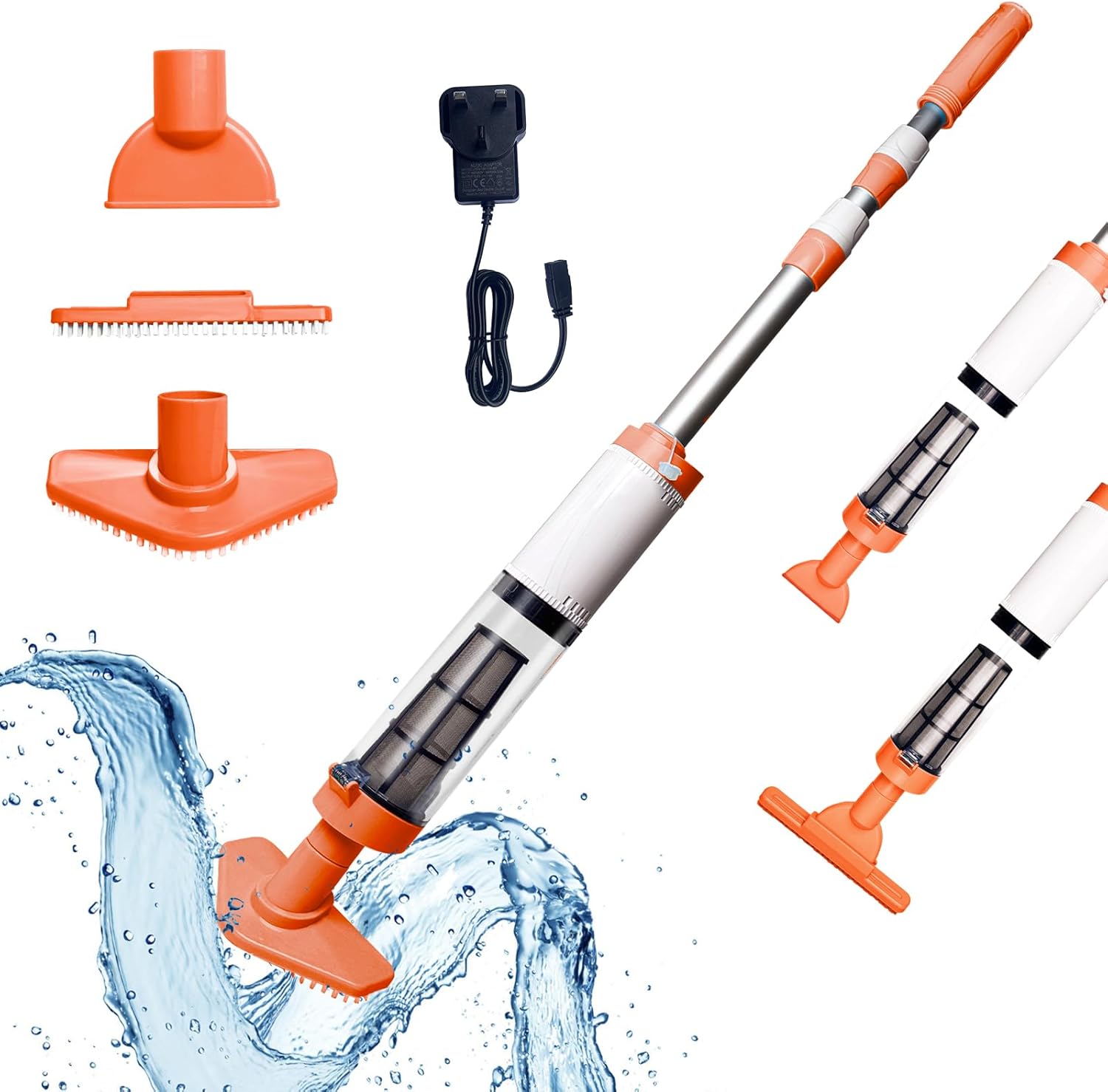 PoolyPoly Pool Vacuum Cleaner Rechargeable, 3 in 1 Electric Pool Hoover with Adjustable Handle, Cordless Handheld Vacuum for Spas, Hot Tubs, Small Pools - Running time up to 90 Minutes, Orange