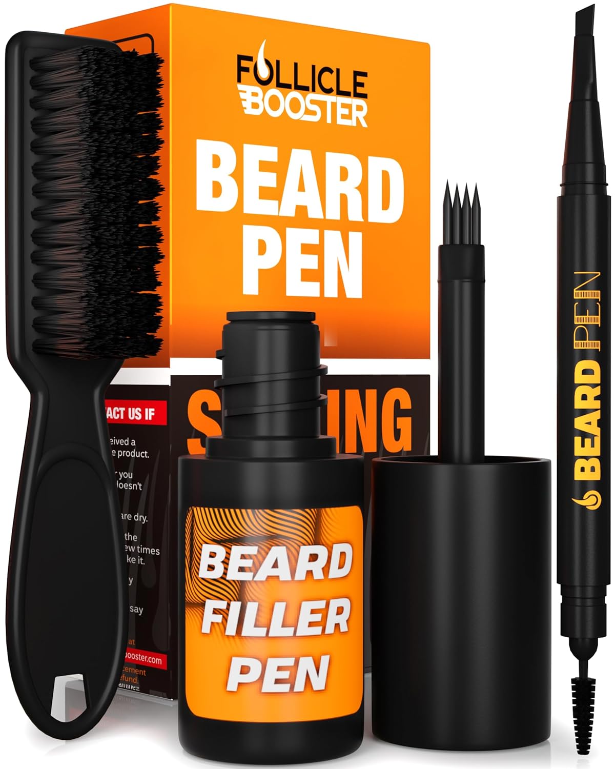 FOLLICLE BOOSTER Beard Pen Filler Styling Kit for Men - 3-in-1 Filling Set with 4-Tip Fork, Normal Pencil, and Brush - Waterproof, Sweatproof & All-Day Hold - Black