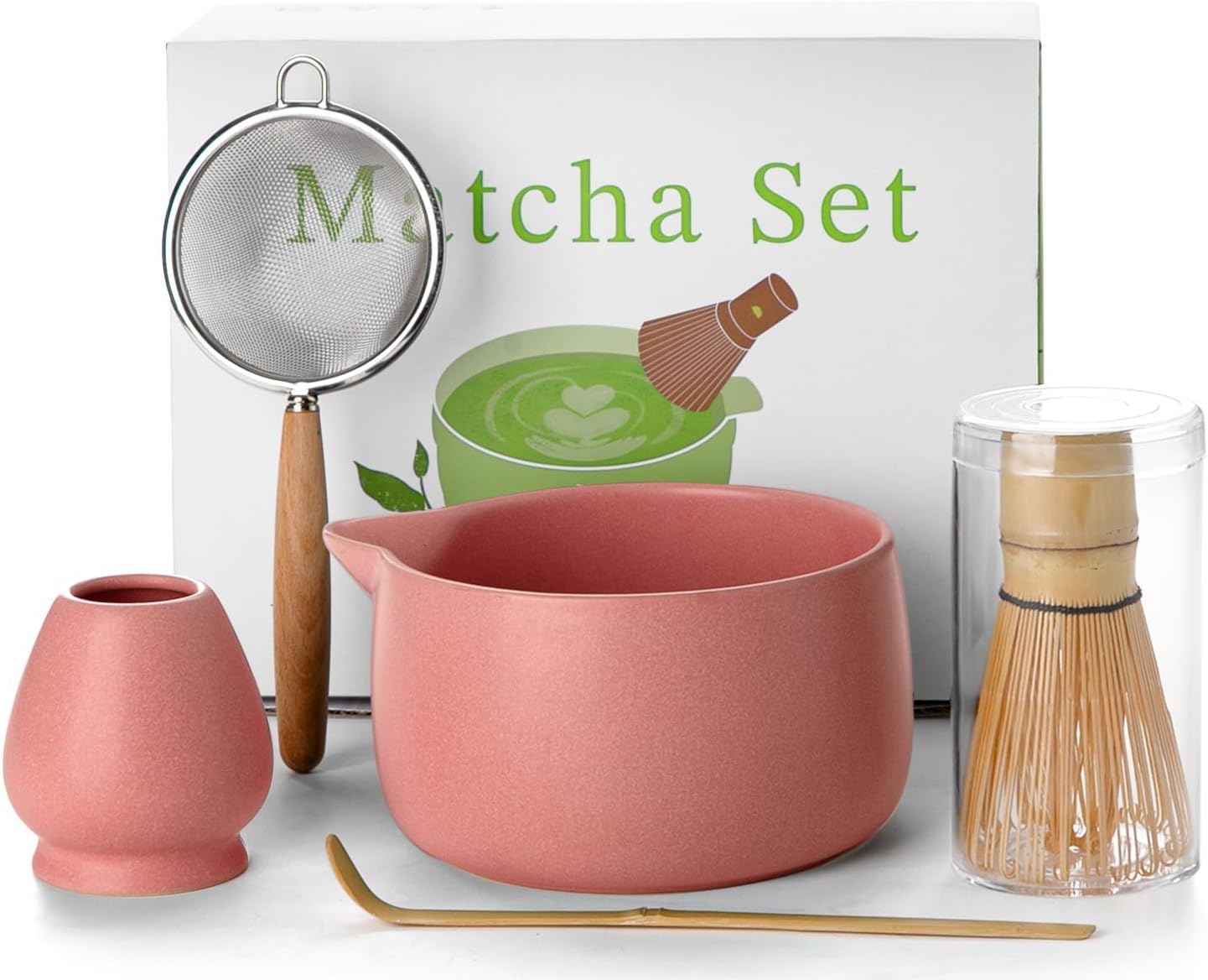 20OZ Matcha Whisk Set - 5PCS Matcha Set Includes Macha Bowl with Spout, Bamboo Whisk with Ceramic Holder, Bamboo Scoop and Sifter, Matcha Kit for Ceremony, Gift for Matcha Lovers (Blush Pink)