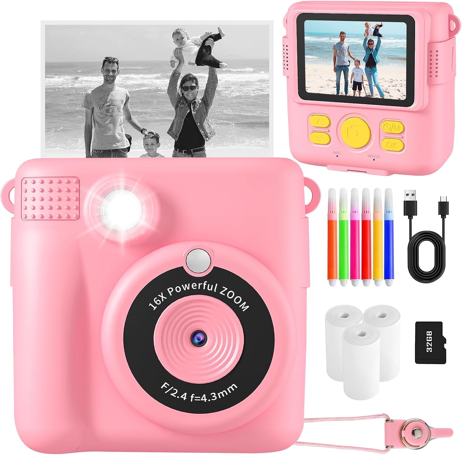 Kids Instant Print Camera, 1080P HD Digital Camera with 32G TF Card & Color Pen, Portable Toy Birthday Gift for 3-10 Year Old Girls