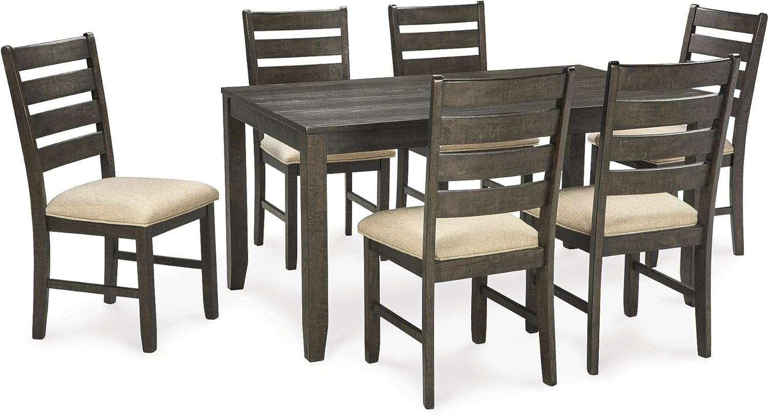 Signature Design by Ashley Rokane 7-Piece Dining Room Table Set with 6 Upholstered Chairs - Brown Wood 20" Rectangular Table & Chair Set for Kitchen Dining Room