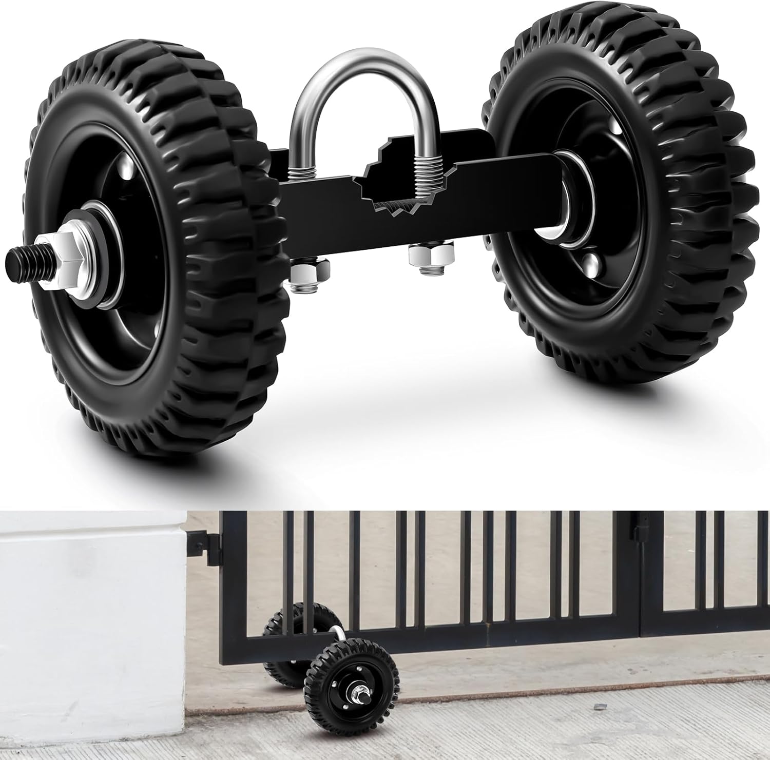 Threlaco 6 Inch Rolling Fence Gate Wheel for Metal Wooden Fence Chain Link Farm Support Wheel with Rubber Sliding Gate Kit and Adjustable Steel U Bolts