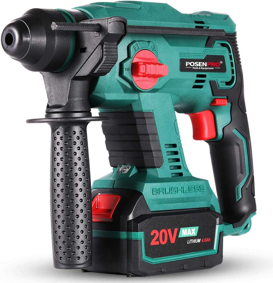 Brushless Cordless Rotary Hammer,POSENPRO 20V SDS Plus Rotary Hammer Drill,4 Modes Selector,Variable Speed,Adjustable Handle,4.0Ah Li-ion Battery and Fast Charger Included