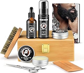 Beard Grooming Kit, Birthday Gifts for Men with Beard Oil, Balm, Brush, Wash, Wax, Comb, Scissors, 1 fl oz