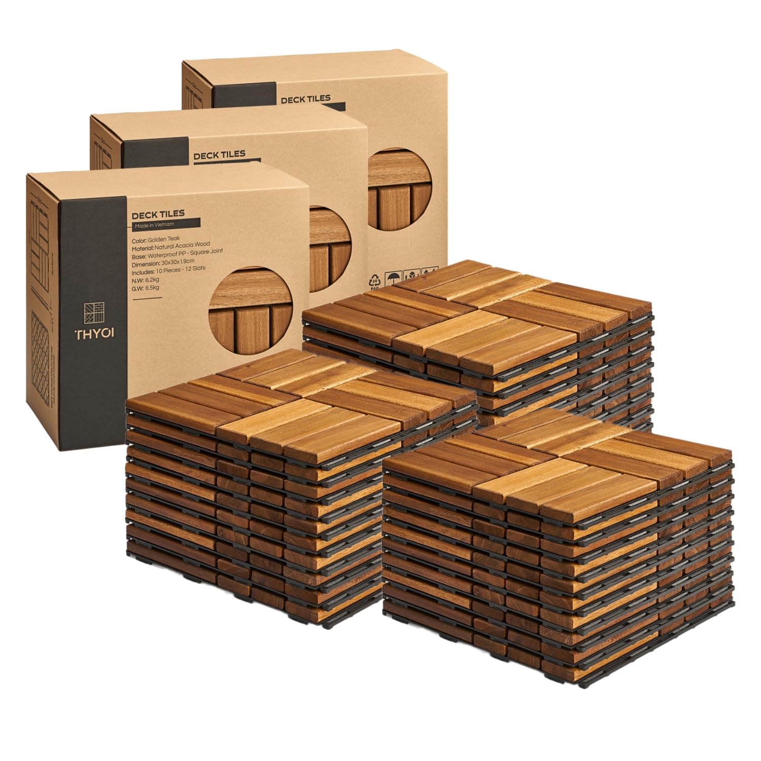 THYOI 30 Pcs Acacia Wood Interlocking Deck Tiles (12" x 12"), Deck Flooring Outdoor Waterproof All Weather, Tiles for Patio, decking Tiles for Indoor and Outdoor use (Golden Teak 12S, 30 Square ft)