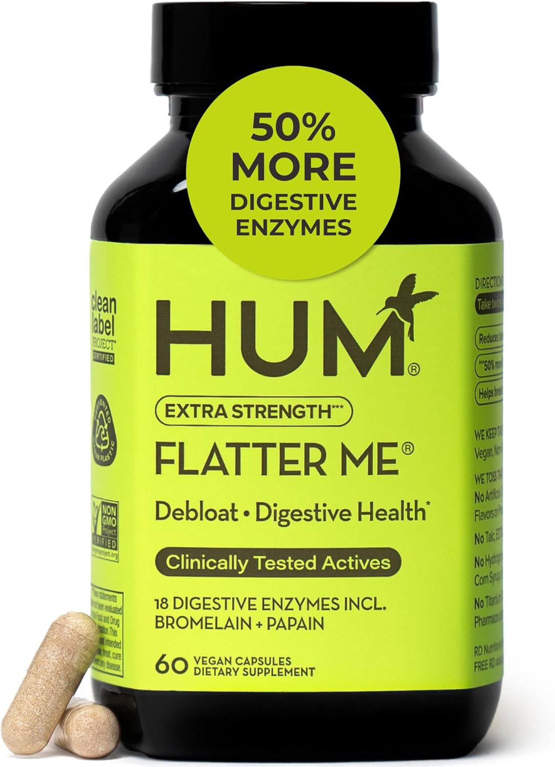 HUM Flatter Me Extra Strength Digestive Enzymes - Fast-Acting Bloat Relief for Digestive Health & Debloating Multi Enzyme, Vegan, 60 Servings