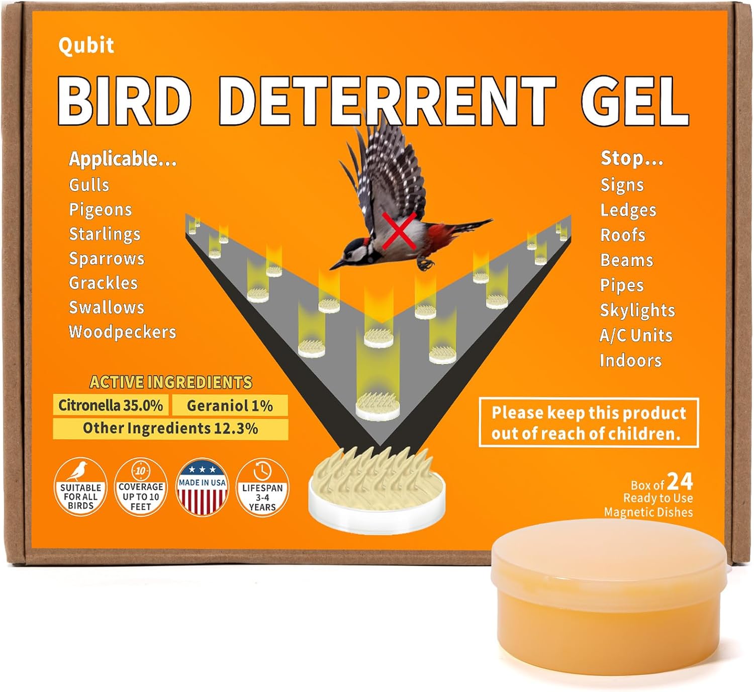 QUBIT Bird Optical Repellent Gel 24 Pack - Natural MultiSensory Discs - Effectively Repel Nesting Birds Like Pigeons & Sparrows from Balcony, Porch, Roofs & Decks