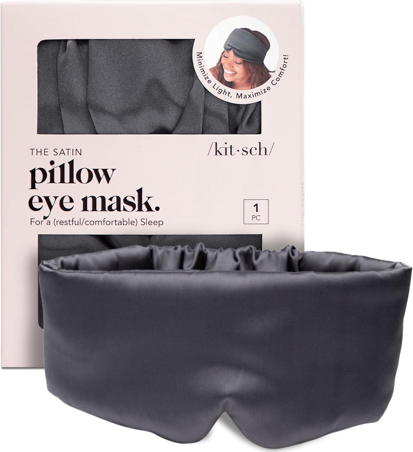 Kitsch Satin Sleep Mask - Eye Mask for Sleep, Softer Than Silk Satin Sleeping Mask Blindfold and Sleep Masks for Women and Men, Eye Care Travel Essentials - Charcoal Black