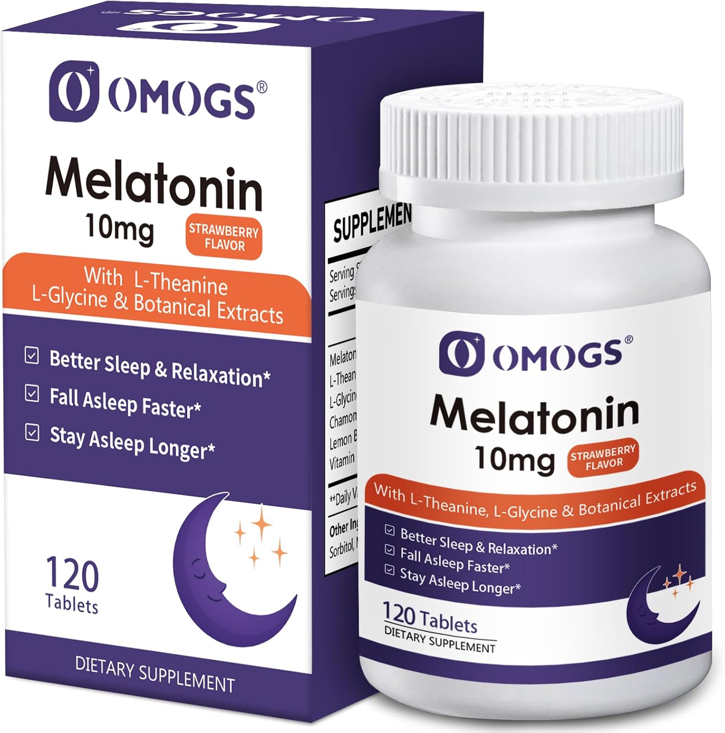 OMOGS Melatonin Sleep Supplements, Fast Dissolve Melatonin 10mg Tablets,with L-Theanine .L-Glycine & Vitamin, Promotes Relaxation & Sleep Health, Strawberry Flavor, 120-Day Supply.