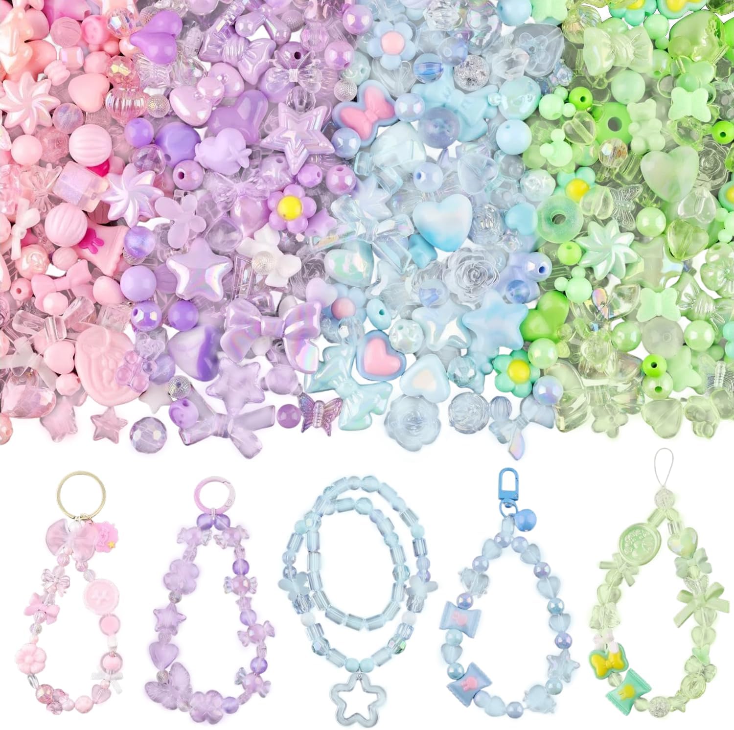 180pcs-240pcs Assorted Acrylic Beads for Bracelet Making with Bow Flower Candy Bracelet Charms, Cute Beads for Jewelry Making DIY Necklace Phone Lanyard Chains (4 Colors)
