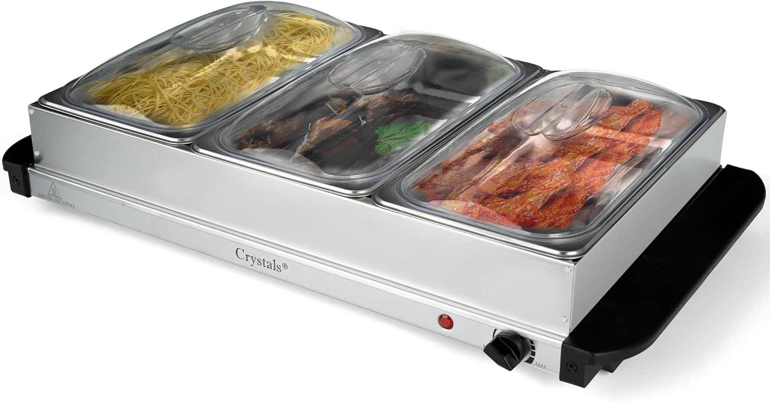 Crystals® 3 Pan Buffet Server Food Warmer, 3 x 2.5 Litre Pans, 300 W, Adjustable Temperature, Food Warmer, Dual Function Hot Plate, Portable Steam Table - Catering Serving Tray