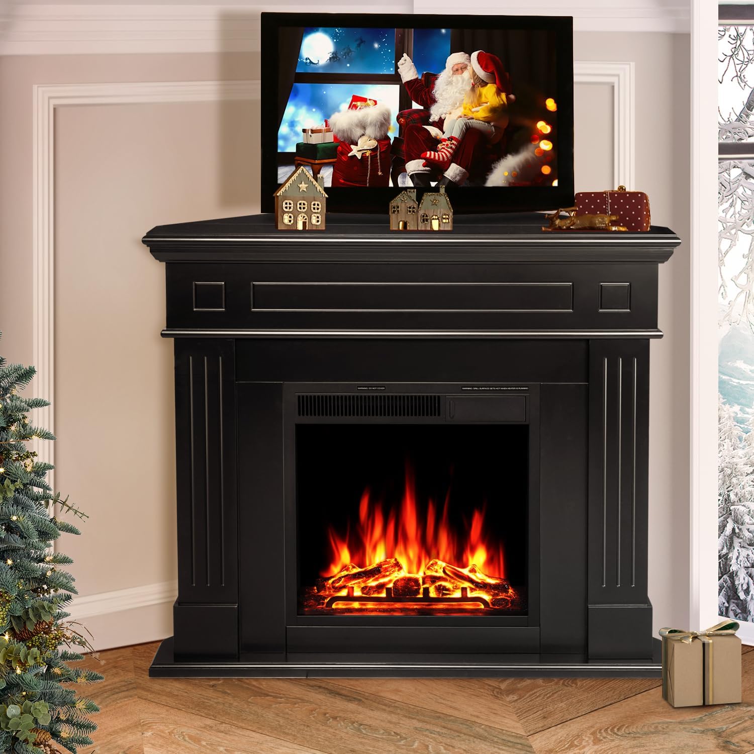 R.W.FLAME 43” Corner Electric Fireplace Mantel Wooden Surround Firebox, TV Stand with Freestanding Electric Fireplace, Remote Control, Adjustable Led Flame, 750W/1500W Black