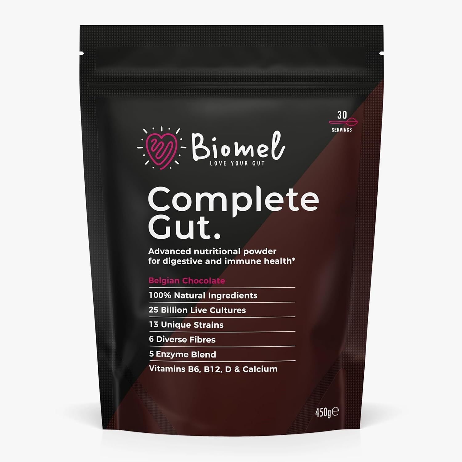 Biomel Complete Gut - Belgian Chocolate - Advanced Gut Health - 450g/30 Servings - Vegan Friendly - Gluten Free - Delicious & Effective