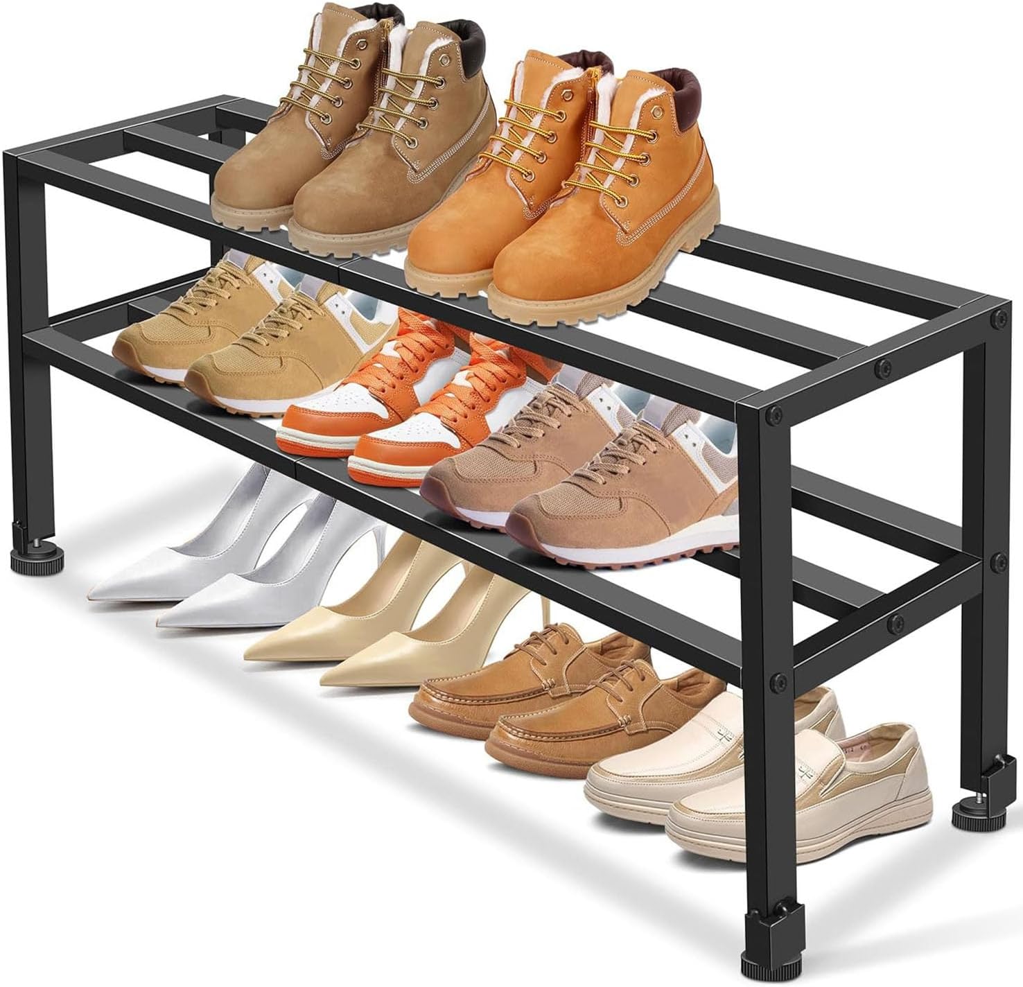 MISSLO Heavy Duty 2-Tier Shoe Rack Small, Fits 8 to 12 Pairs of Shoes, Stackable Metal Shoe Shelf Storage Organizer for Closet, Hallway, Bedroom, Outdoor (Black)