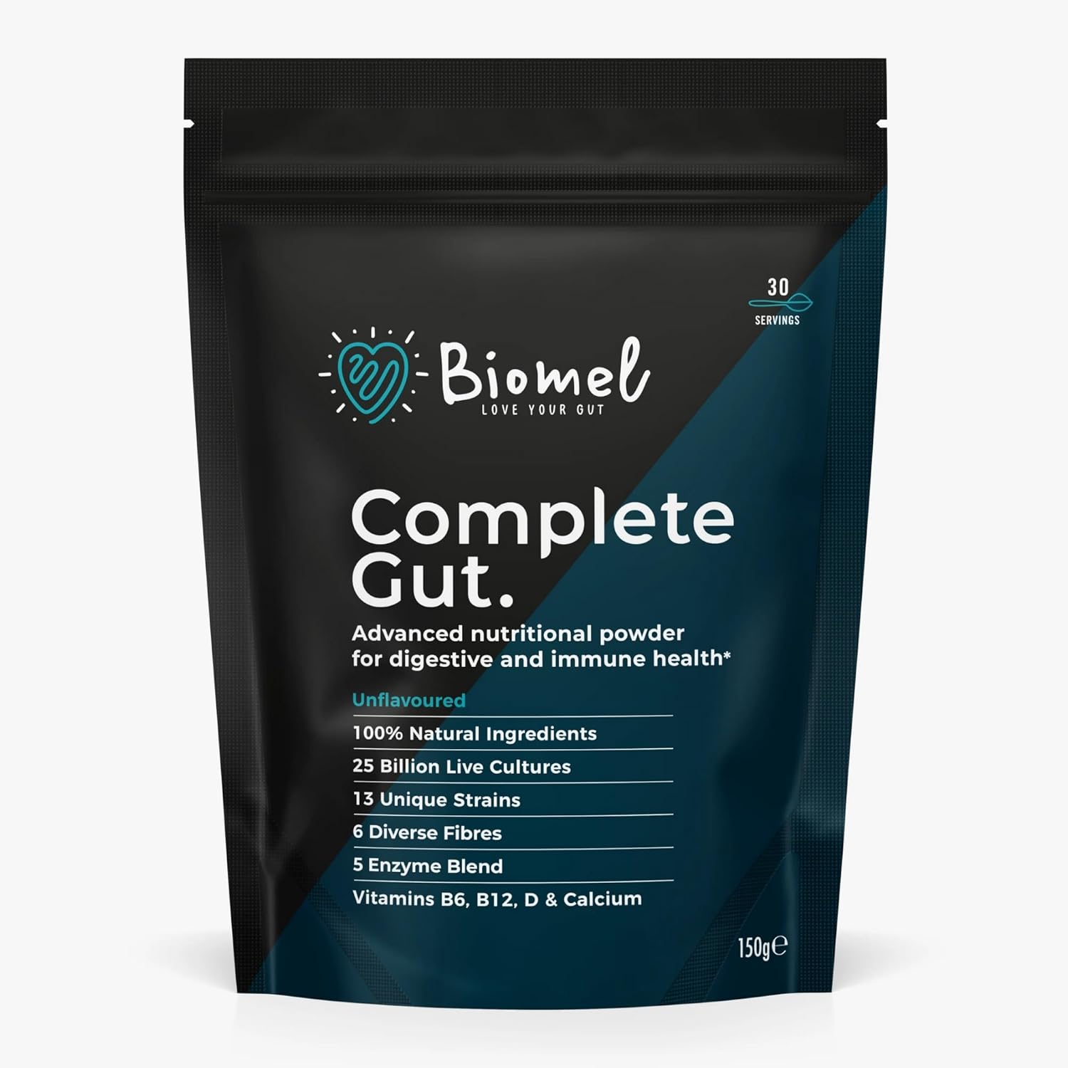 Biomel Complete Gut - Unflavoured - Advanced Gut Health - 150g/30 Servings - Vegan Friendly - Gluten Free - Delicious & Effective