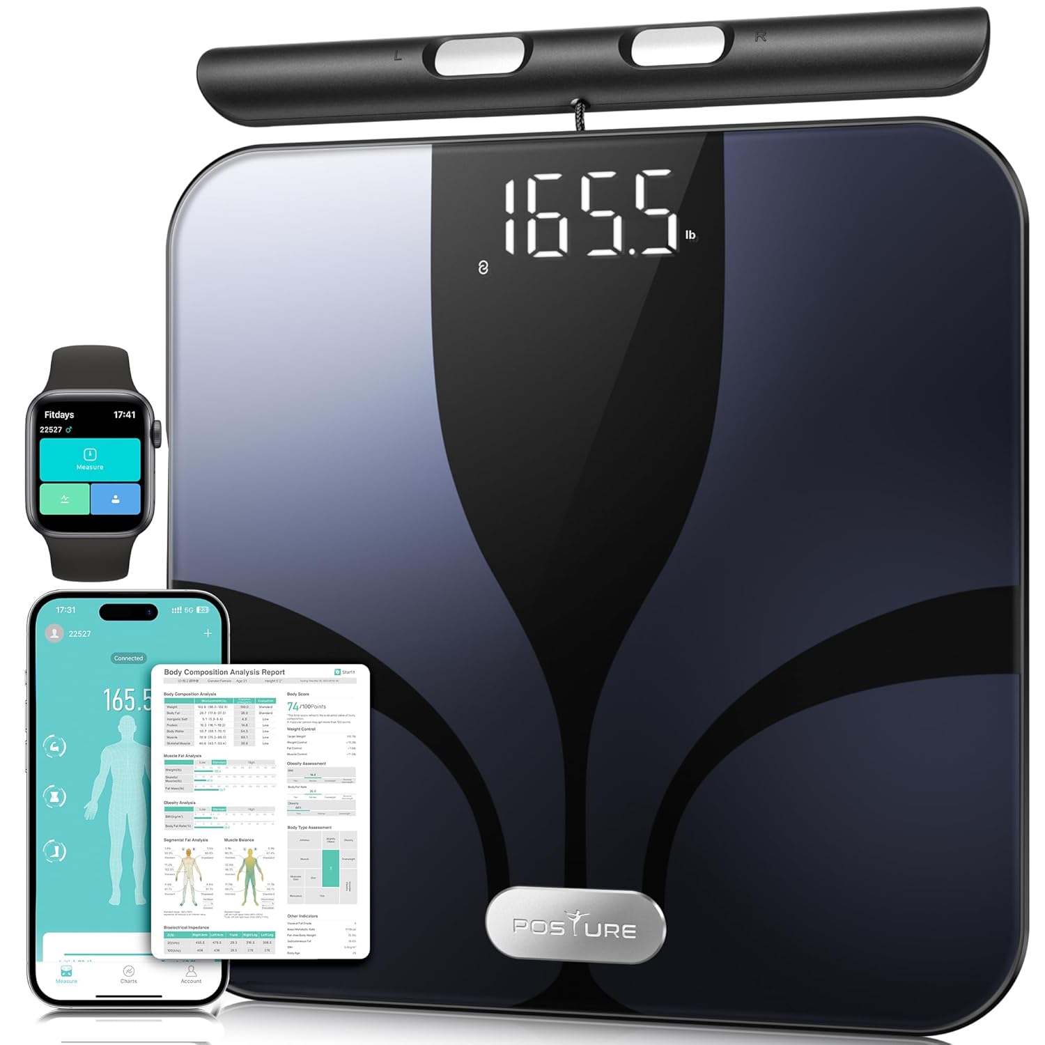 Posture Scale for Body Weight and Fat Percentage, 8 Electrodes Larger Platform Digital Scale for BMI 28 Body Composition Measurement, Bathroom Smart Scales with LED Display FSA or HSA Eligible