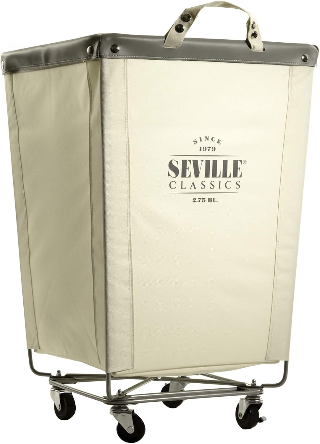 Seville Classics Large Commercial Heavy Duty Rolling Steel Frame Laundry Hamper Canvas Cart Bin, w/ Wheels for Hotel, Home, Closet, Bedroom (PATENTED), Cream, 18.1" D x 18.1" W