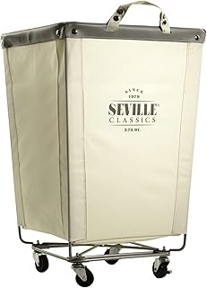 Seville Classics Large Commercial Heavy Duty Rolling Steel Frame Laundry Hamper Canvas Cart Bin, w/ Wheels for Hotel, Home, Closet, Bedroom (PATENTED), Cream, 18.1" D x 18.1" W