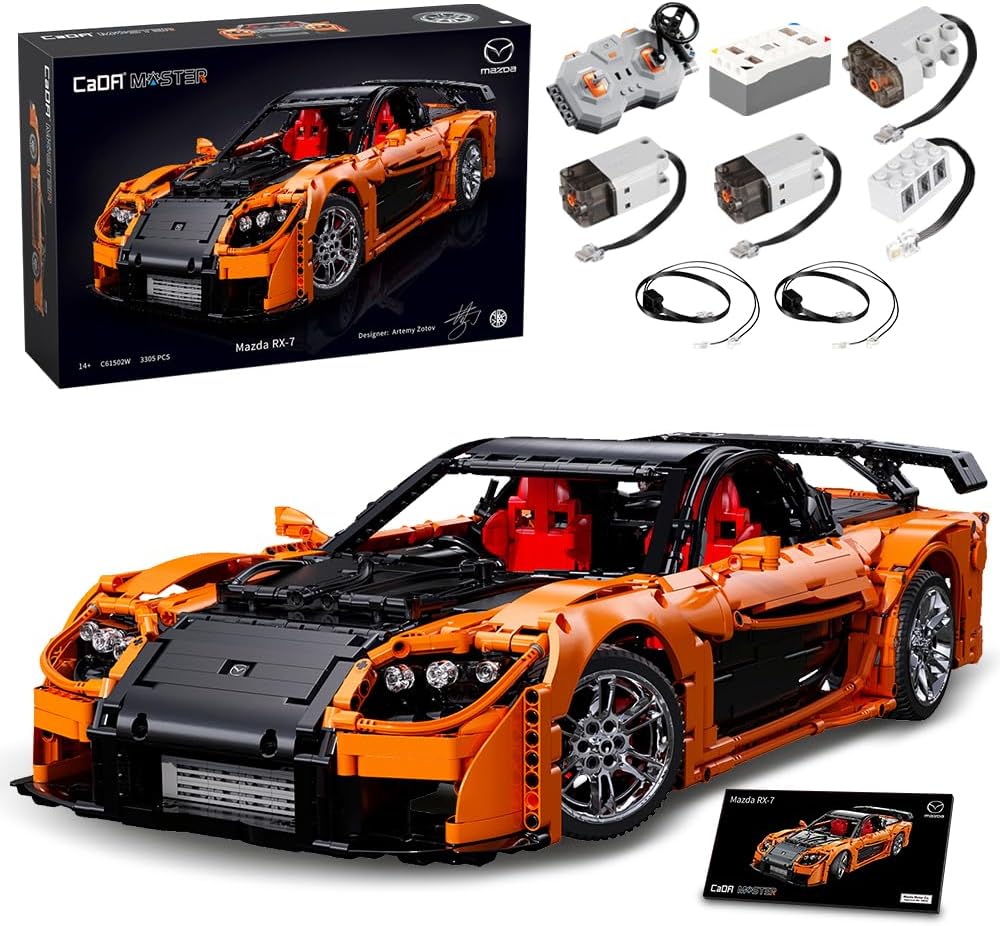 CaDA Master C61502W Mazda RX-7 Remote Control Powered Building Block Car, 1:8 Scale, 3305 Pieces, Dynamic Collectible Brick Model