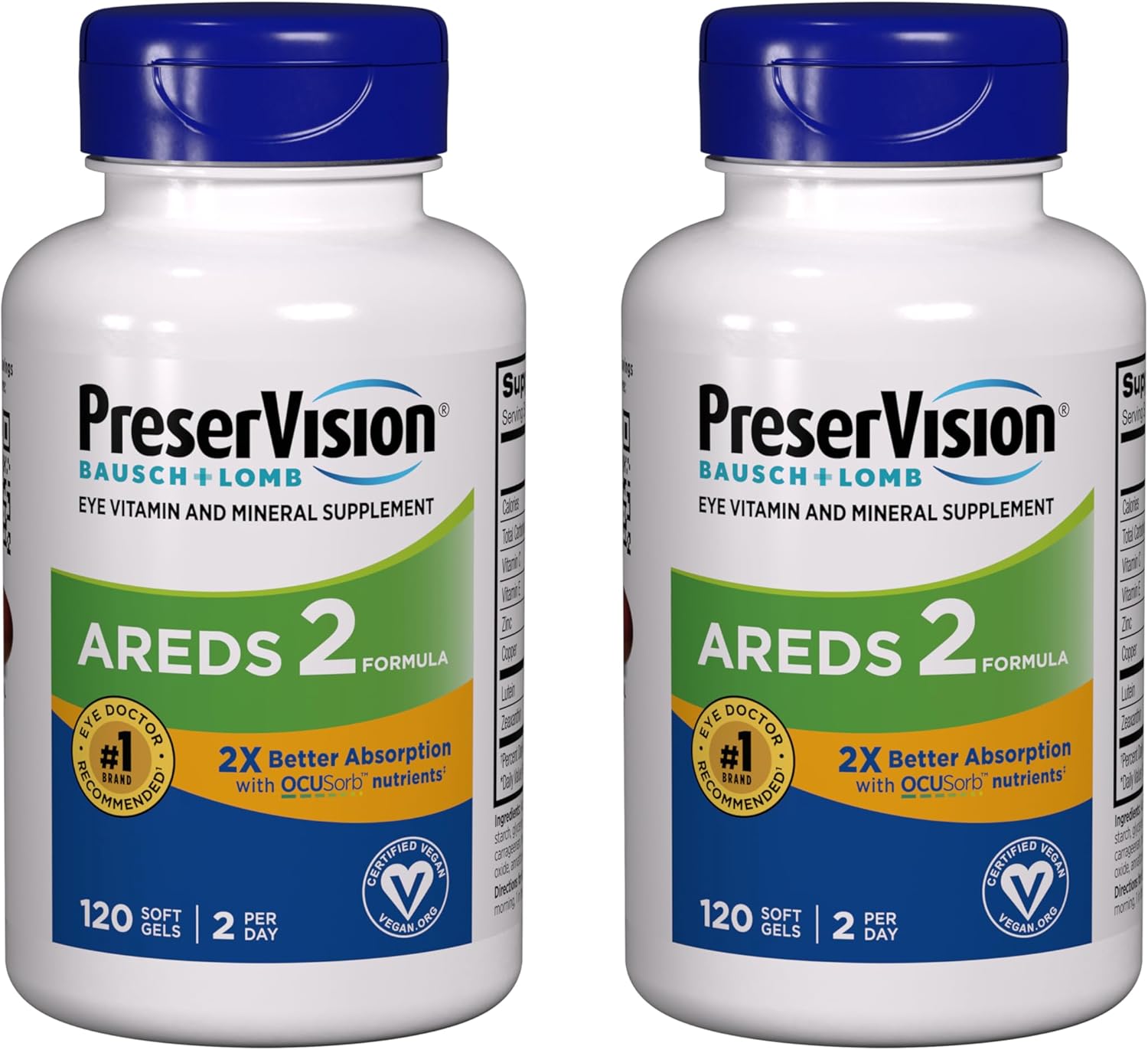PreserVision AREDS 2 Eye Vitamin & Mineral Supplement with OCUSorb, 120 Vegan Soft Gels, Contains Lutein, Zeaxanthin, Vitamin C, Zinc, Copper & Vitamin E, Eye Health Supplements for Adults (Pack of 2)