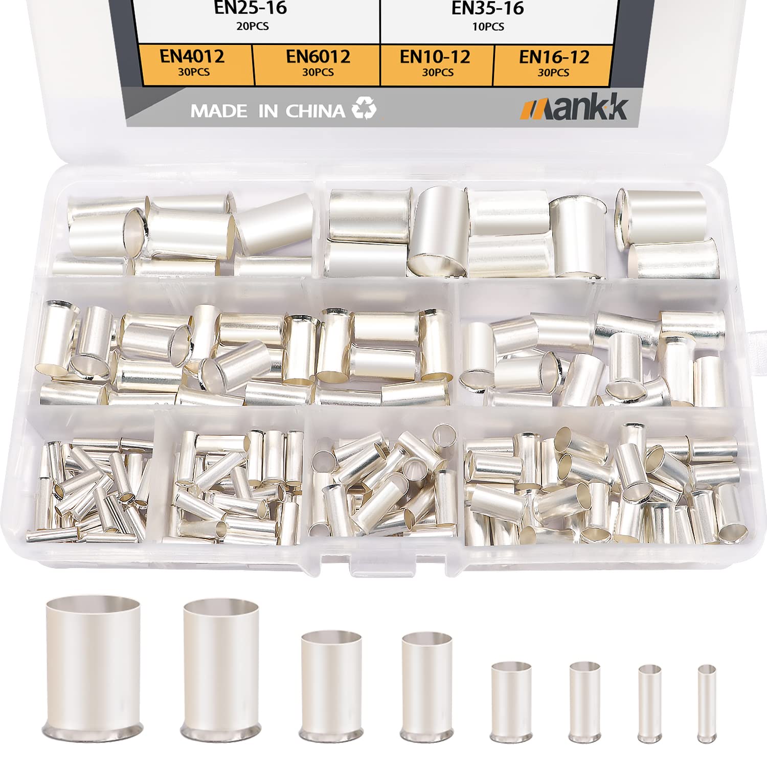 mankk 166 Pcs Wire Ferrules Kits Silver Plated Copper Crimp Terminal Connector 8 Sizes AWG (1/0 2/0 2 4 6 8 10 12) Sleeves Insulated Cord Pin End Terminal M-020