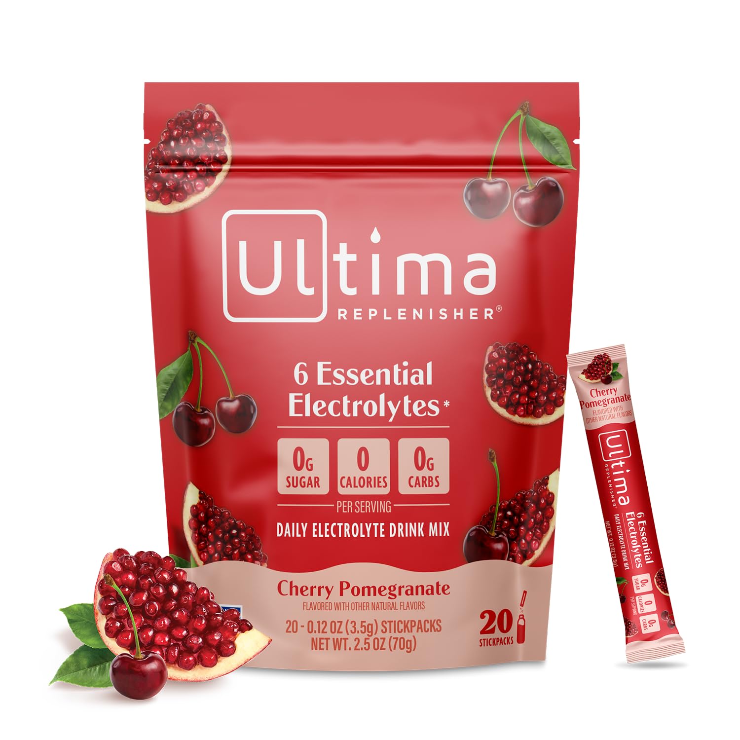 Ultima Replenisher Daily Electrolyte Powder Drink Mix – Sugar Free – Cherry Pomegranate, 20 Stickpacks – Hydration Packets with 6 Electrolytes and Minerals – Keto Friendly, Vegan, Non-GMO
